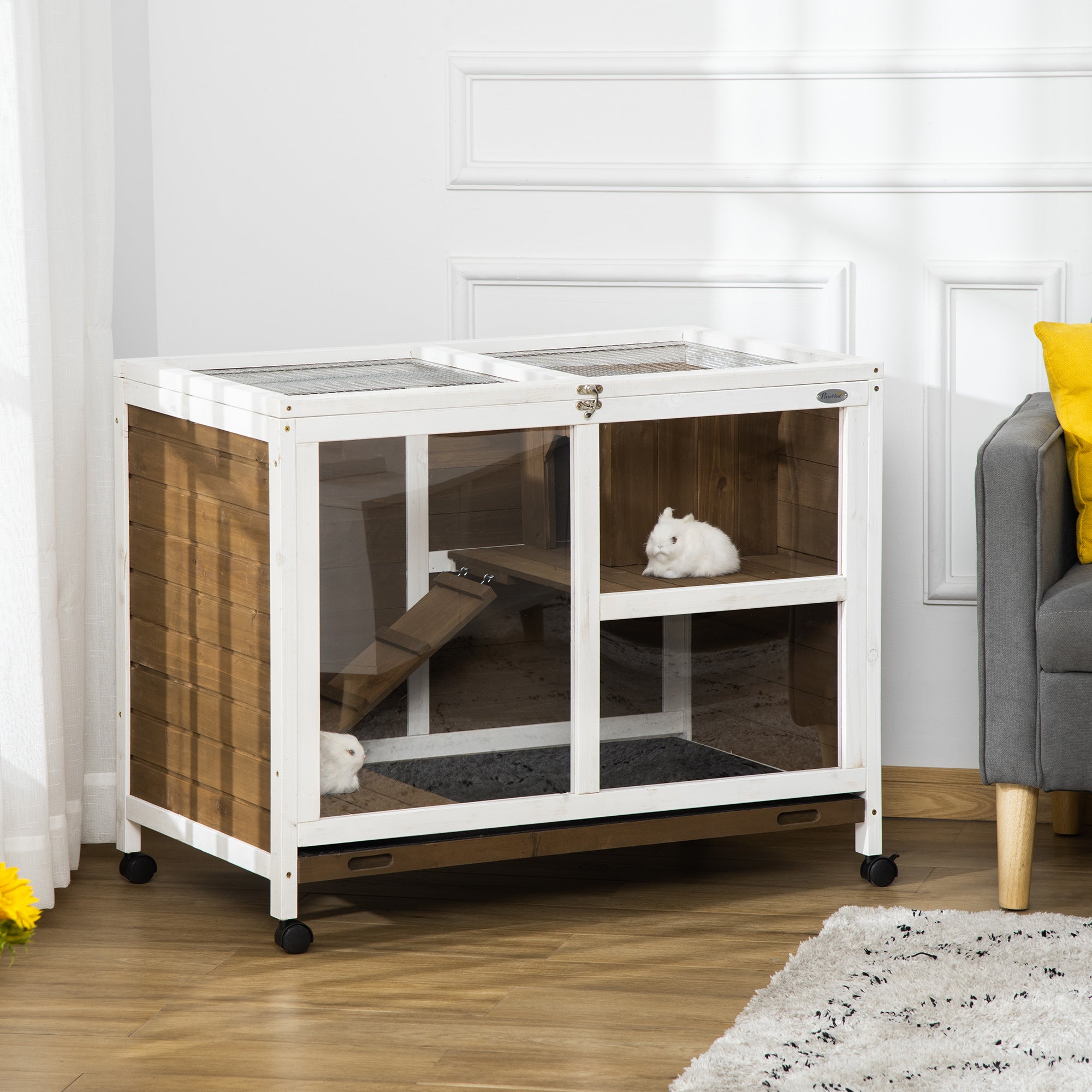 PawHut Rabbit Hutch Indoor Wooden Guinea Pig House Hamster Cage with Wheels, 2 Layers Bunny Cage with Openable Roof, 91.5 x 53.3 x 73 cm, Brown