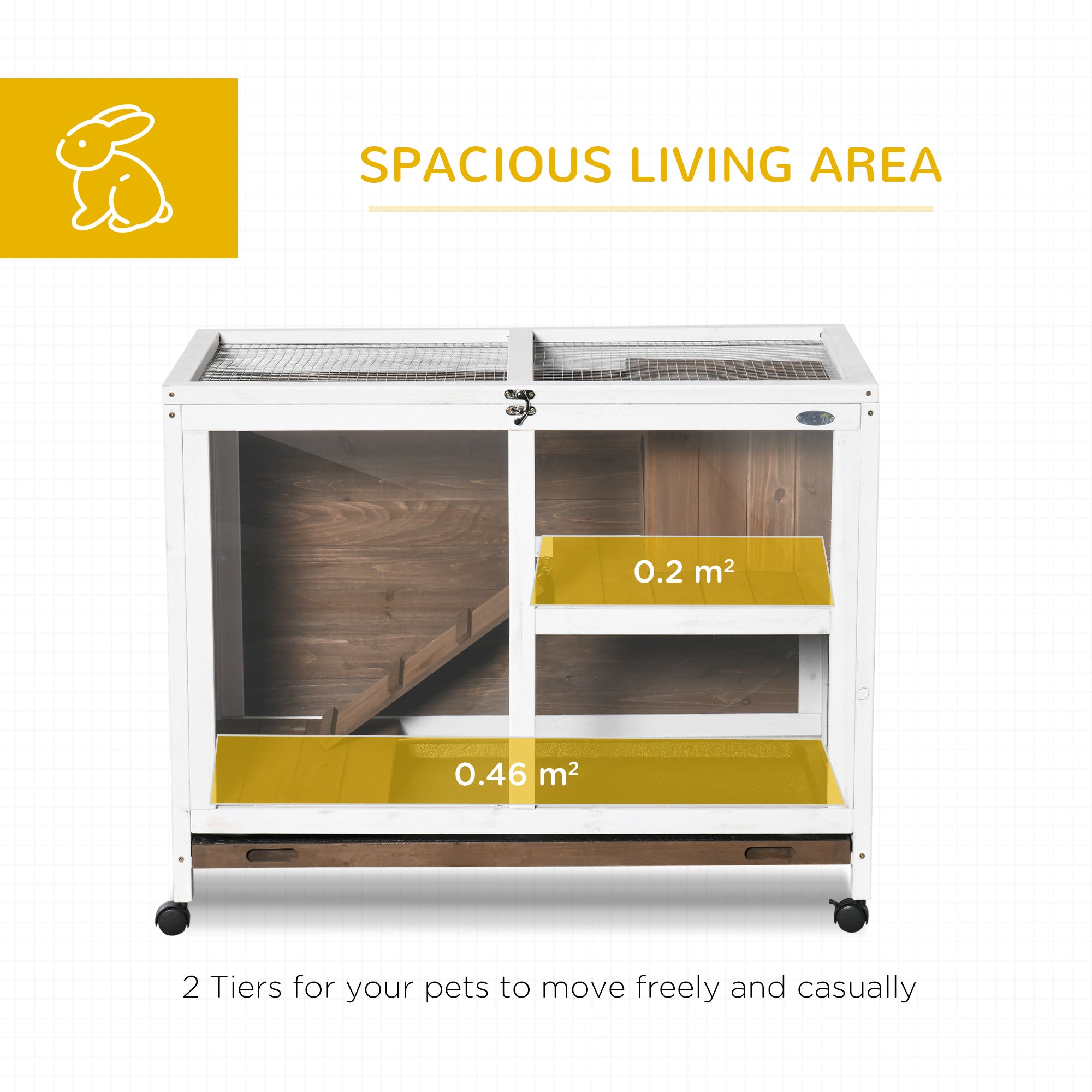 PawHut Rabbit Hutch Indoor Wooden Guinea Pig House Hamster Cage with Wheels, 2 Layers Bunny Cage with Openable Roof, 91.5 x 53.3 x 73 cm, Brown