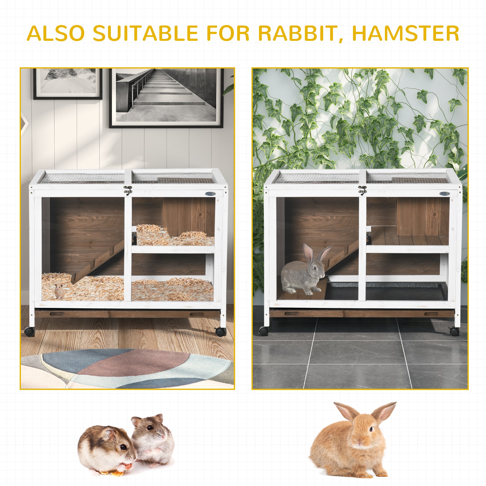 PawHut Indoor Rabbit Hutch with Wheels, Bunny Cage Guinea Pig House Small Animals Habitat W/ Top Access, Ramp, Pull Out Tray, Brown