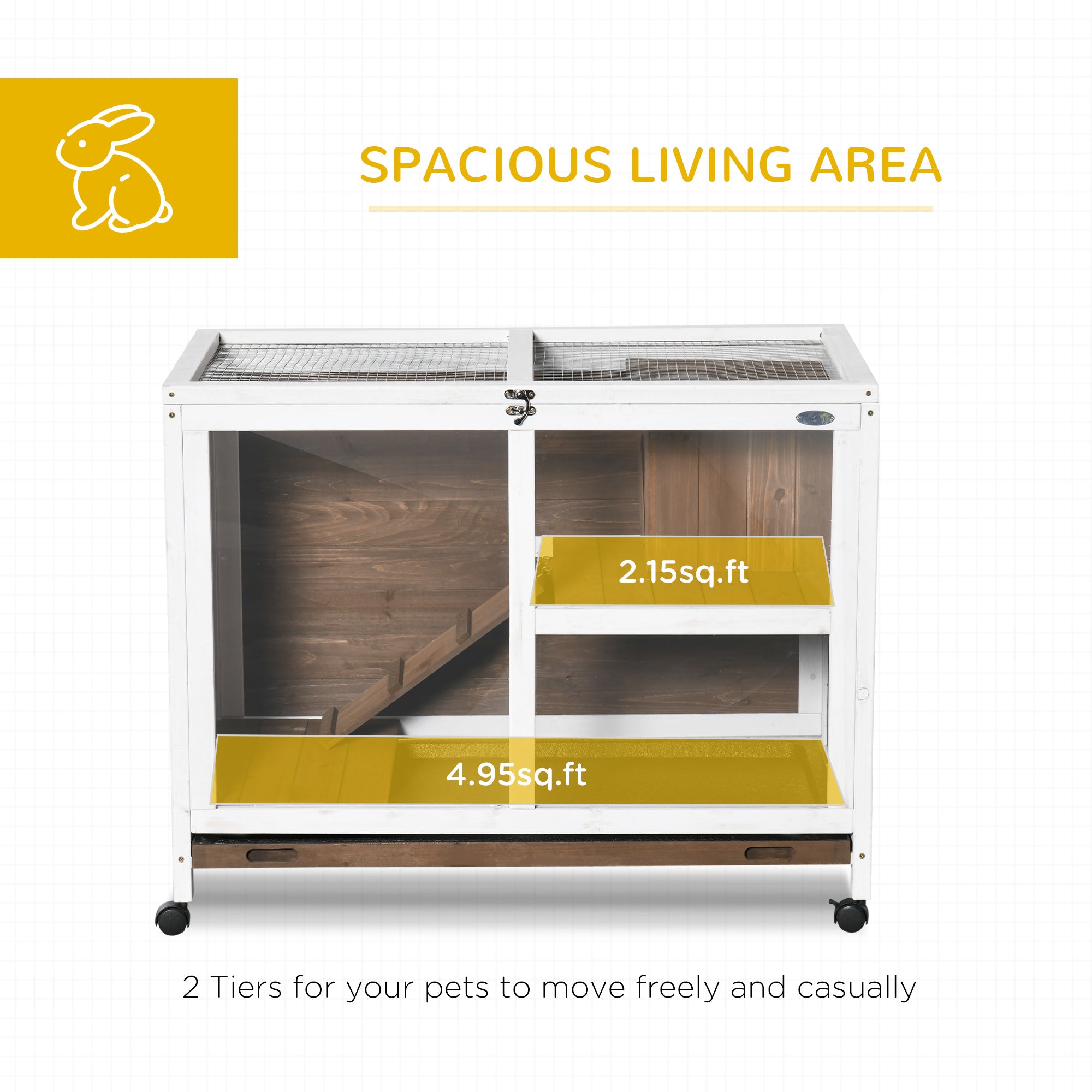 PawHut Indoor Rabbit Hutch with Wheels, Bunny Cage Guinea Pig House Small Animals Habitat W/ Top Access, Ramp, Pull Out Tray, Brown