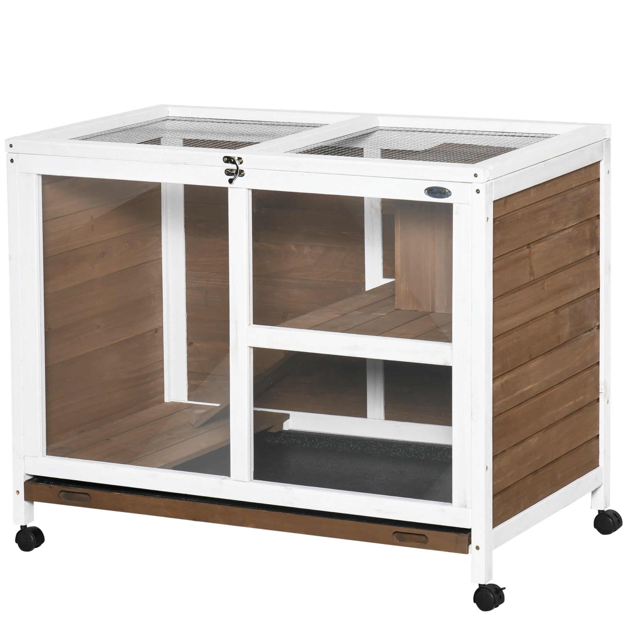 PawHut Indoor Rabbit Hutch with Wheels, Bunny Cage Guinea Pig House Small Animals Habitat W/ Top Access, Ramp, Pull Out Tray, Brown