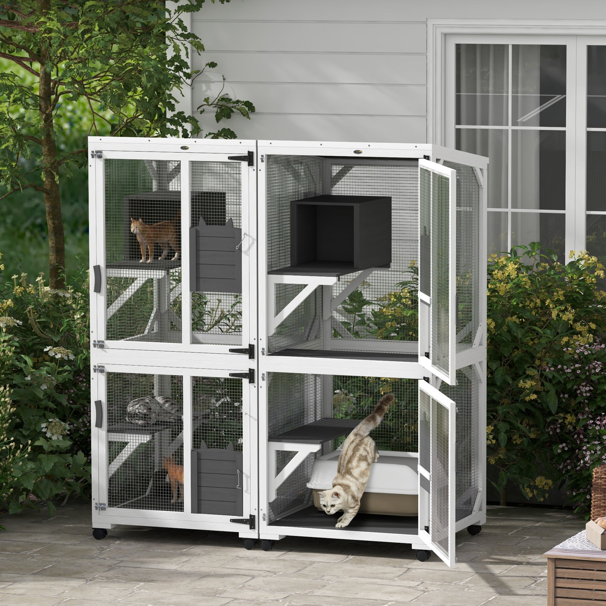 PawHut Wooden Catio with Waterproof Roof, Large Cat House with High-Up Resting Box, Indoor & Outdoor Cat Enclosure with Wheels, for 3-6 Cats, White