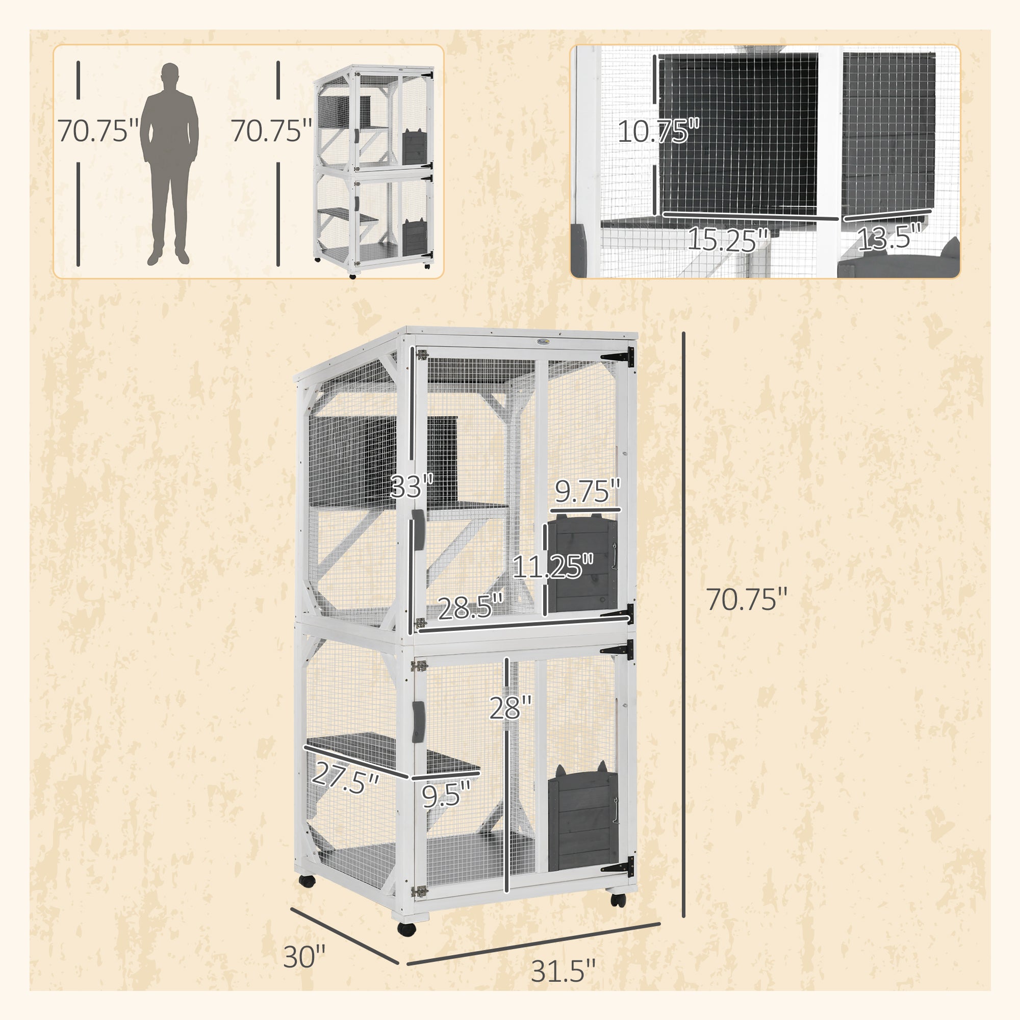 PawHut Wooden Catio with Waterproof Roof, Large Cat House with High-Up Resting Box, Indoor & Outdoor Cat Enclosure with Wheels, for 3-6 Cats, White