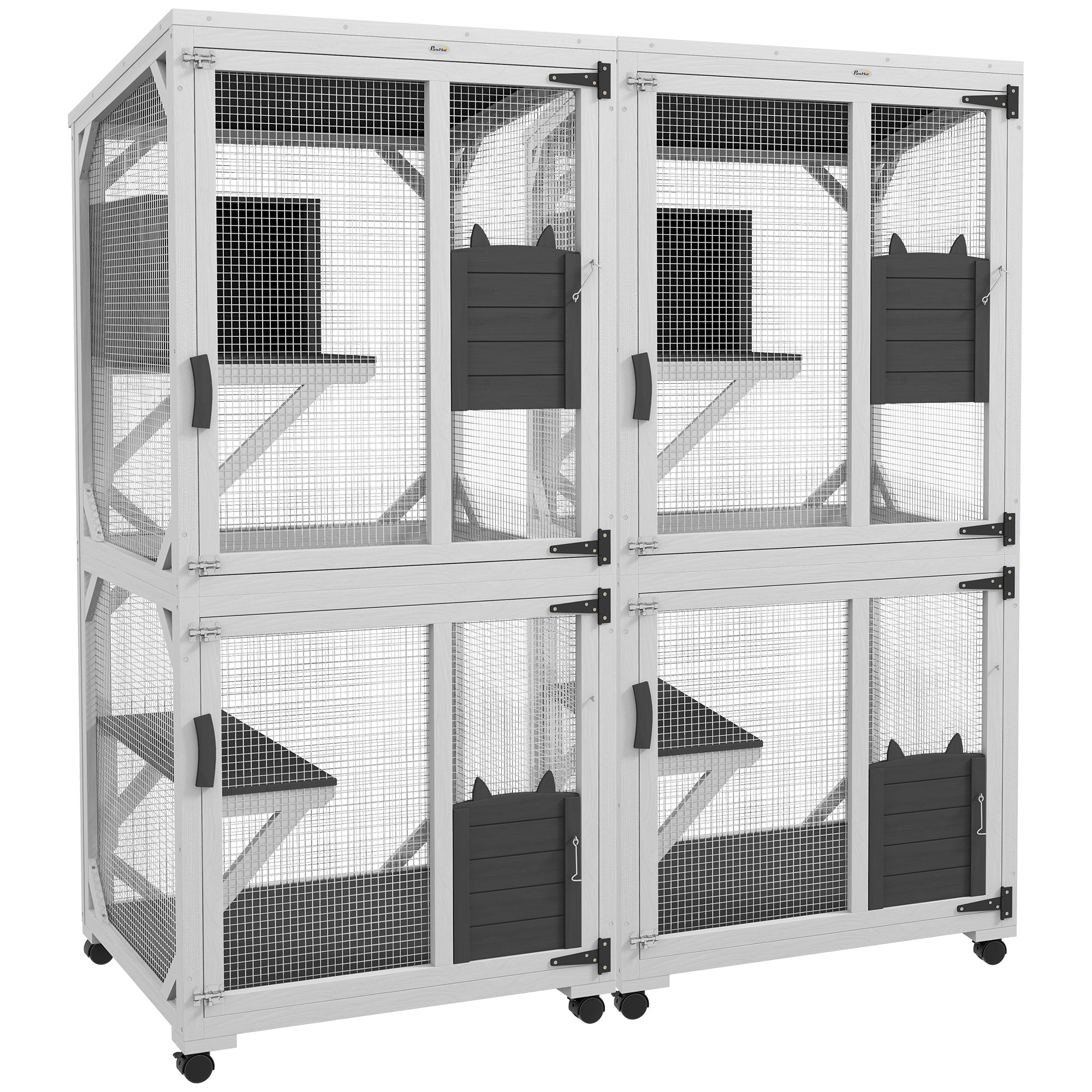 PawHut Wooden Catio with Waterproof Roof, Large Cat House with High-Up Resting Box, Indoor & Outdoor Cat Enclosure with Wheels, for 3-6 Cats, White