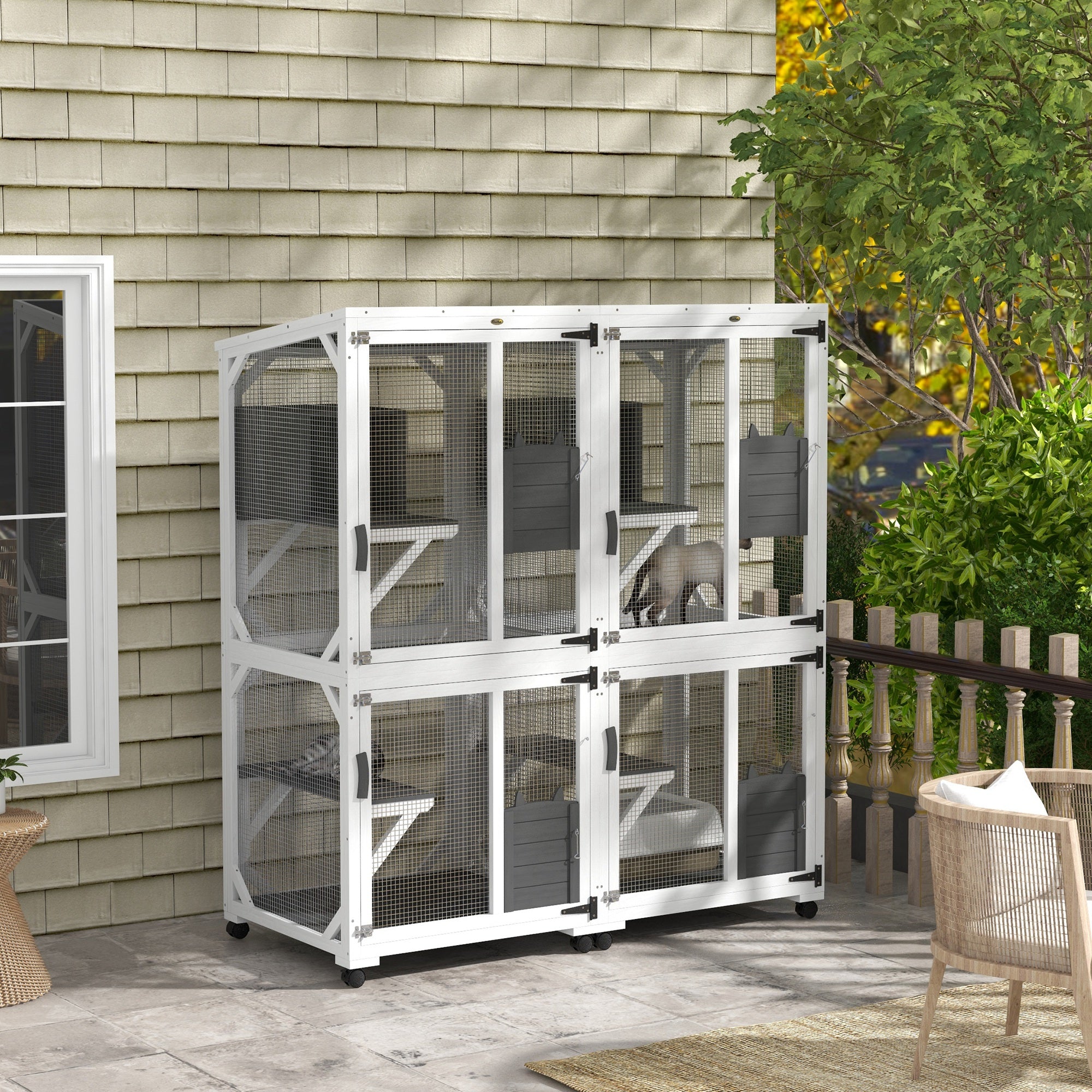 PawHut Wooden Catio with Waterproof Roof, Large Cat House with High-Up Resting Box, Indoor & Outdoor Cat Enclosure with Wheels, for 3-6 Cats, White