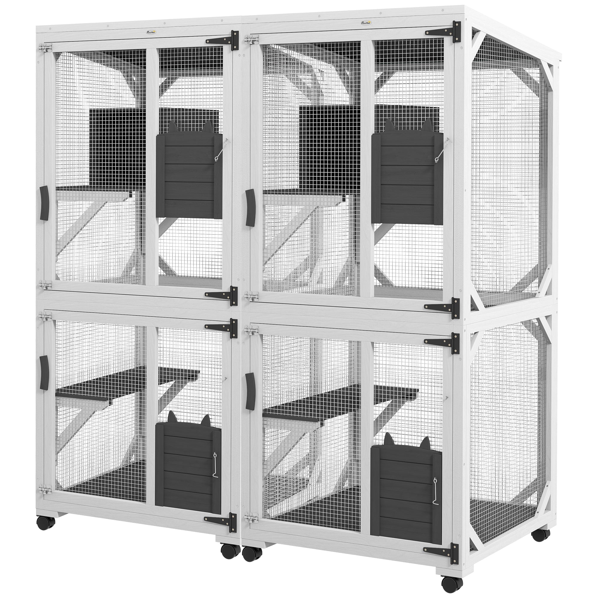 PawHut Wooden Catio with Waterproof Roof, Large Cat House with High-Up Resting Box, Indoor & Outdoor Cat Enclosure with Wheels, for 3-6 Cats, White