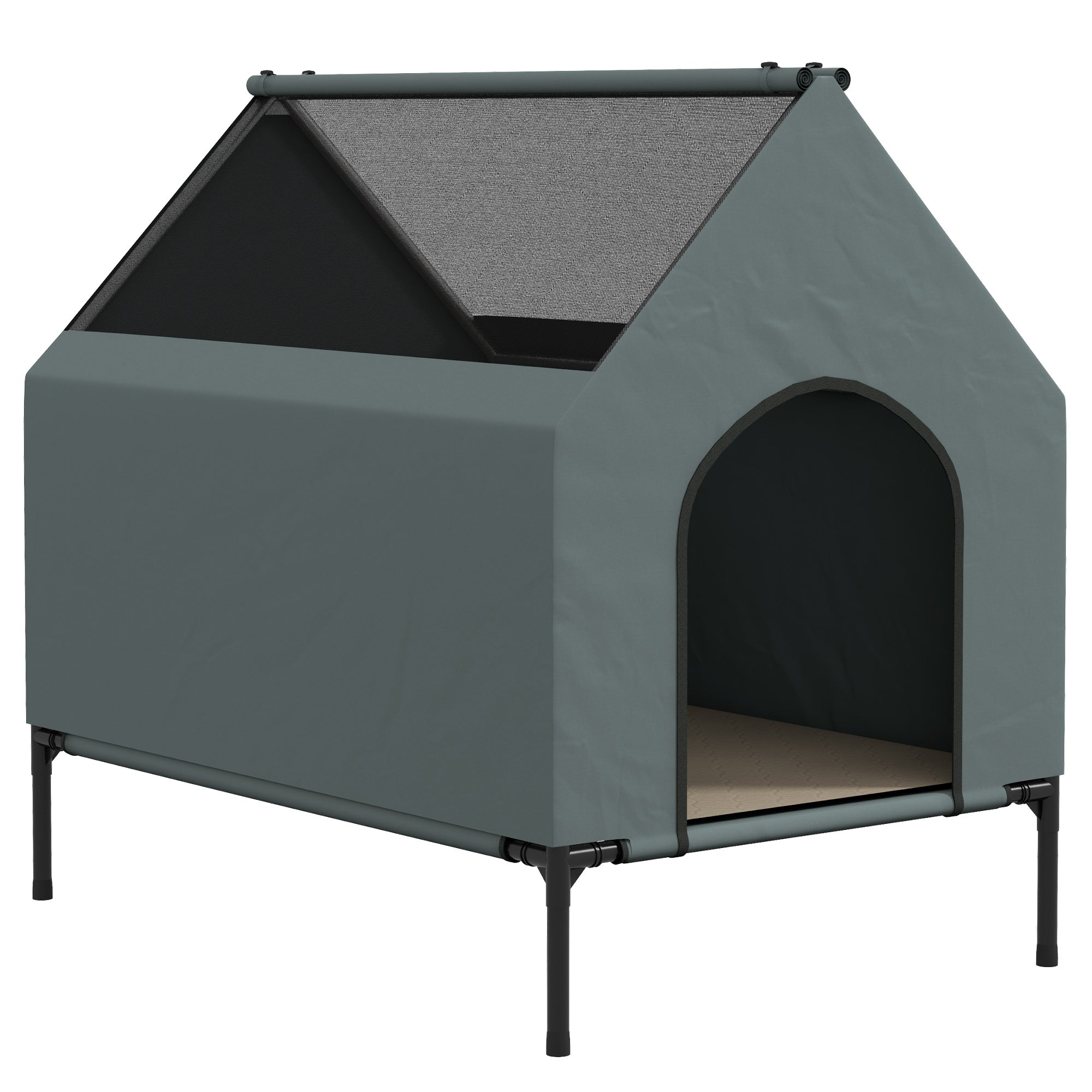 PawHut Dog House Outdoor, Elevated Dog House Dog Bed with Removable Cover, Mesh Windows, Storage Bag, for Small and Medium-Sized Dogs, Grey