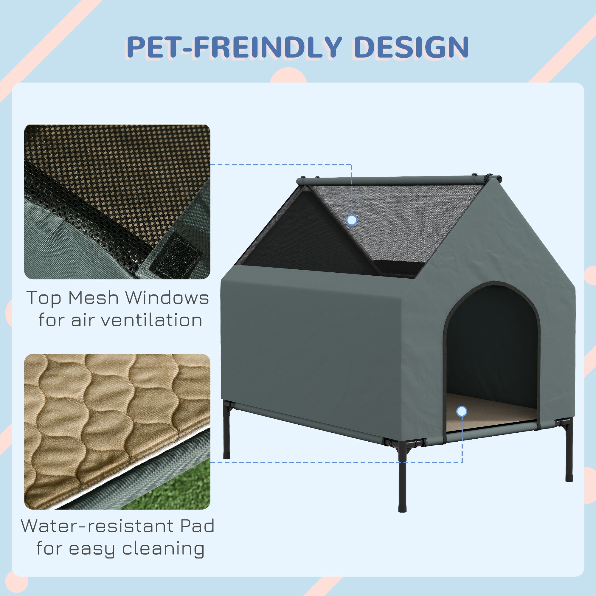 PawHut Dog House Outdoor, Elevated Dog House Dog Bed with Removable Cover, Mesh Windows, Storage Bag, for Small and Medium-Sized Dogs, Grey