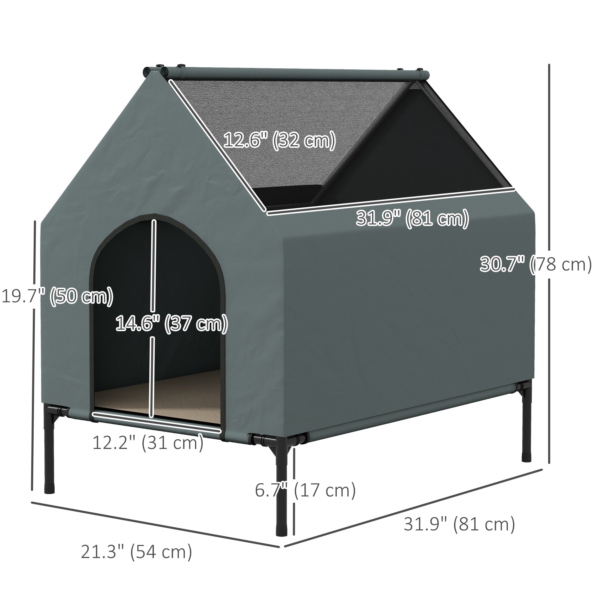 PawHut Dog House Outdoor, Elevated Dog House Dog Bed with Removable Cover, Mesh Windows, Storage Bag, for Small and Medium-Sized Dogs, Grey