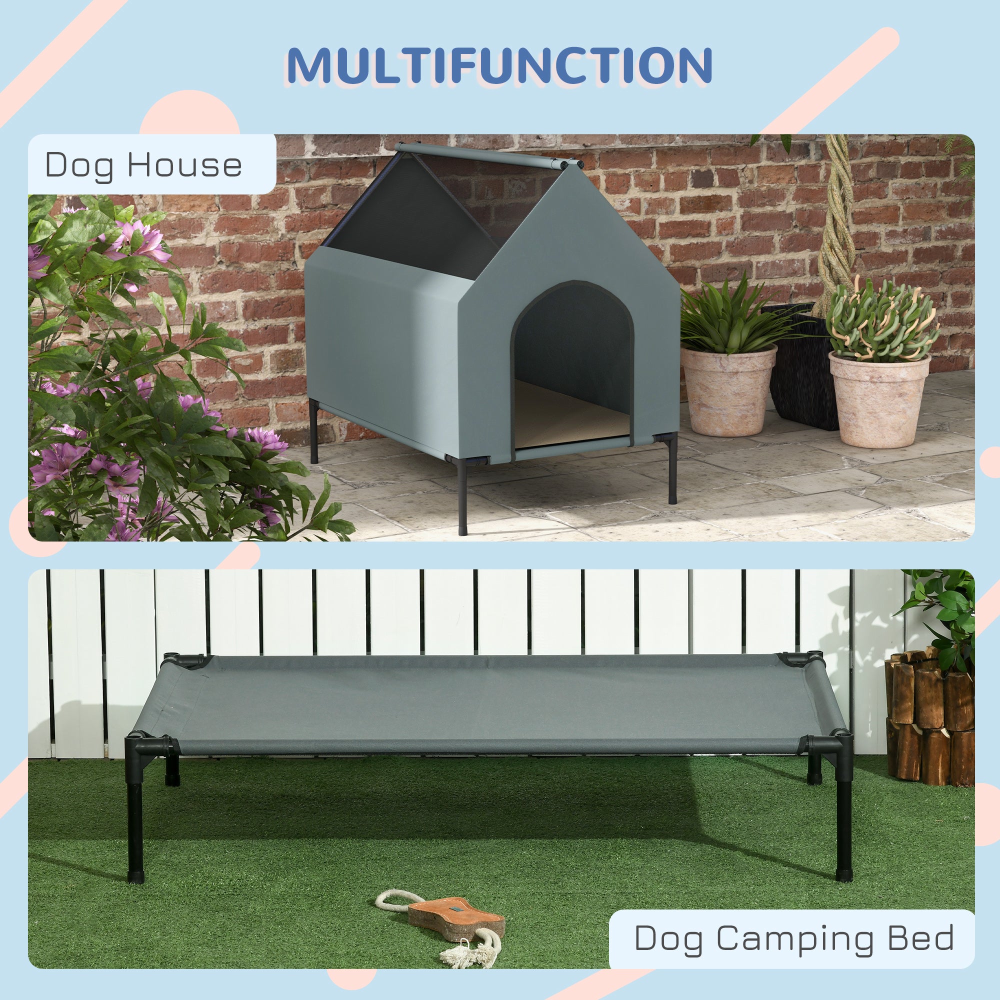 PawHut Dog House Outdoor, Elevated Dog House Dog Bed with Removable Cover, Mesh Windows, Storage Bag, for Small and Medium-Sized Dogs, Grey