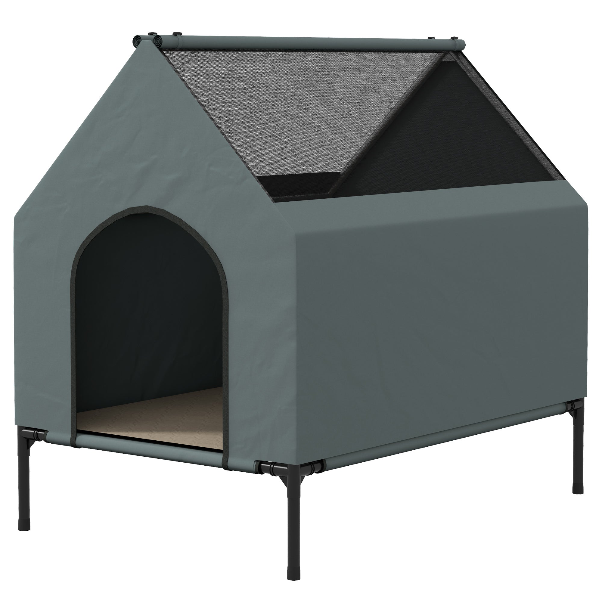 PawHut Dog House Outdoor, Elevated Dog House Dog Bed with Removable Cover, Mesh Windows, Storage Bag, for Small and Medium-Sized Dogs, Grey