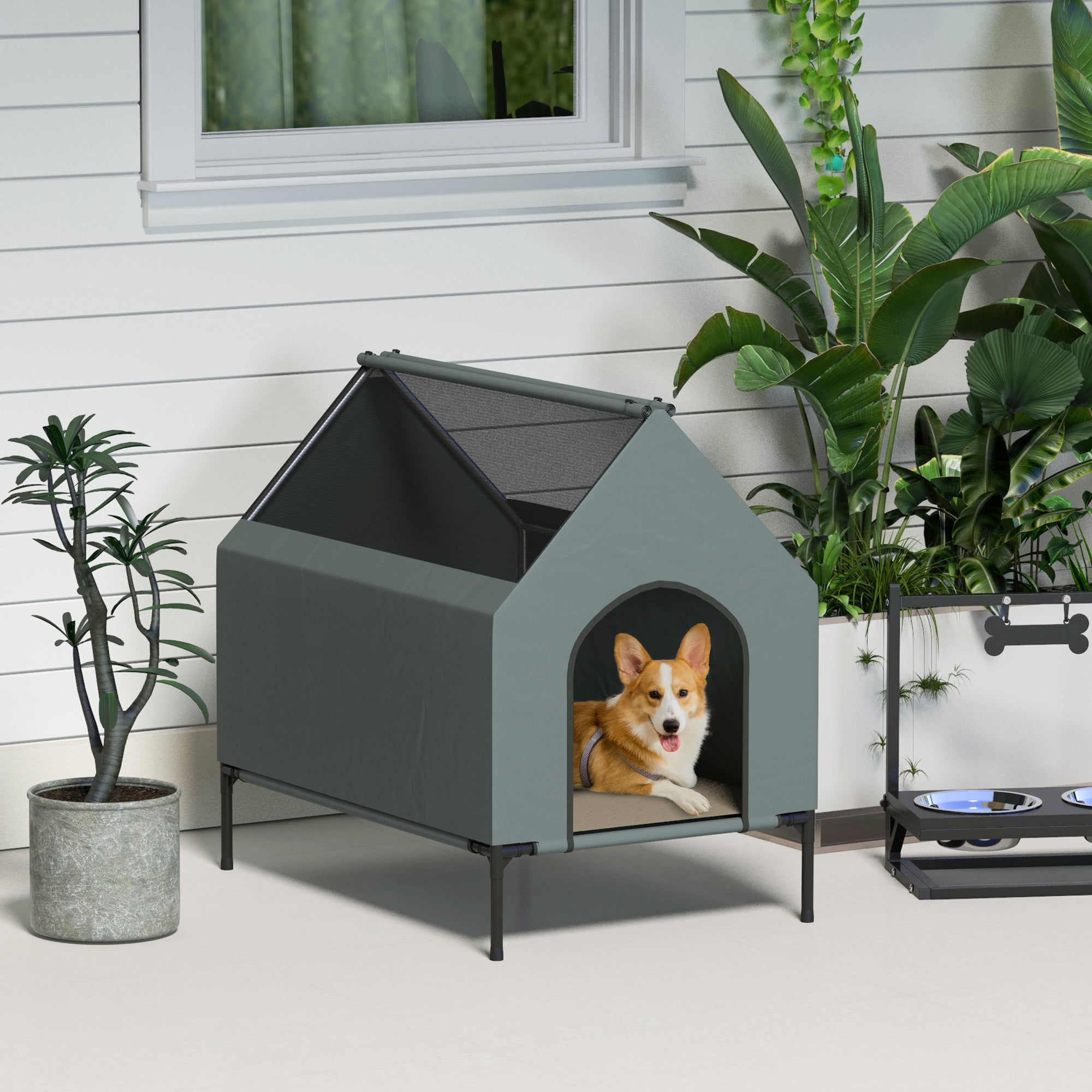 PawHut Dog House Outdoor, Elevated Dog House Dog Bed with Removable Cover, Mesh Windows, Storage Bag, for Small and Medium-Sized Dogs, Grey