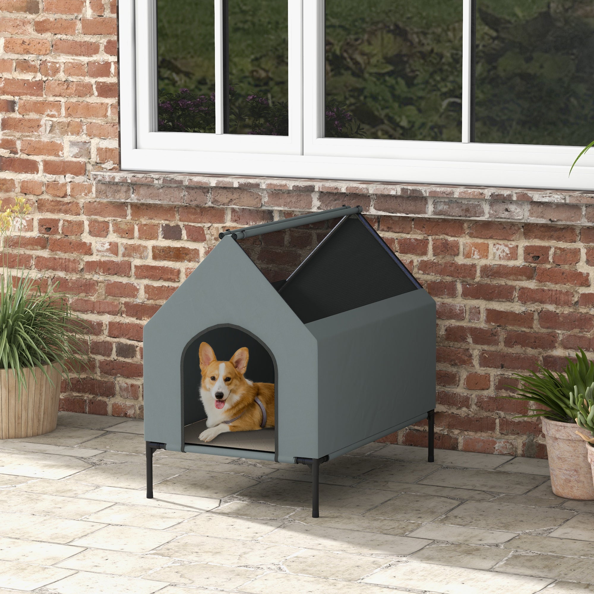 PawHut Dog House Outdoor, Elevated Dog House Dog Bed with Removable Cover, Mesh Windows, Storage Bag, for Small and Medium-Sized Dogs, Grey