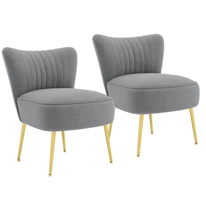 HOMCOM Modern Armless Accent Chairs Set of 2, Upholstered Slipper Chairs for Bedroom, Velvet Wingback Living Room Chairs with Gold Steel Legs and Tufted Back, Grey