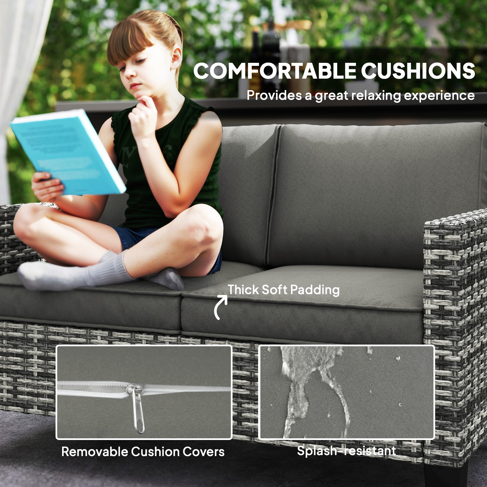 Outsunny 2 Seater Outdoor Sofa with Cushions, Poly Rattan Patio Couch Outdoor Loveseat with Armrests, Wicker Patio Sofa Bench with Steel Frame for Garden, Balcony, Dark Grey