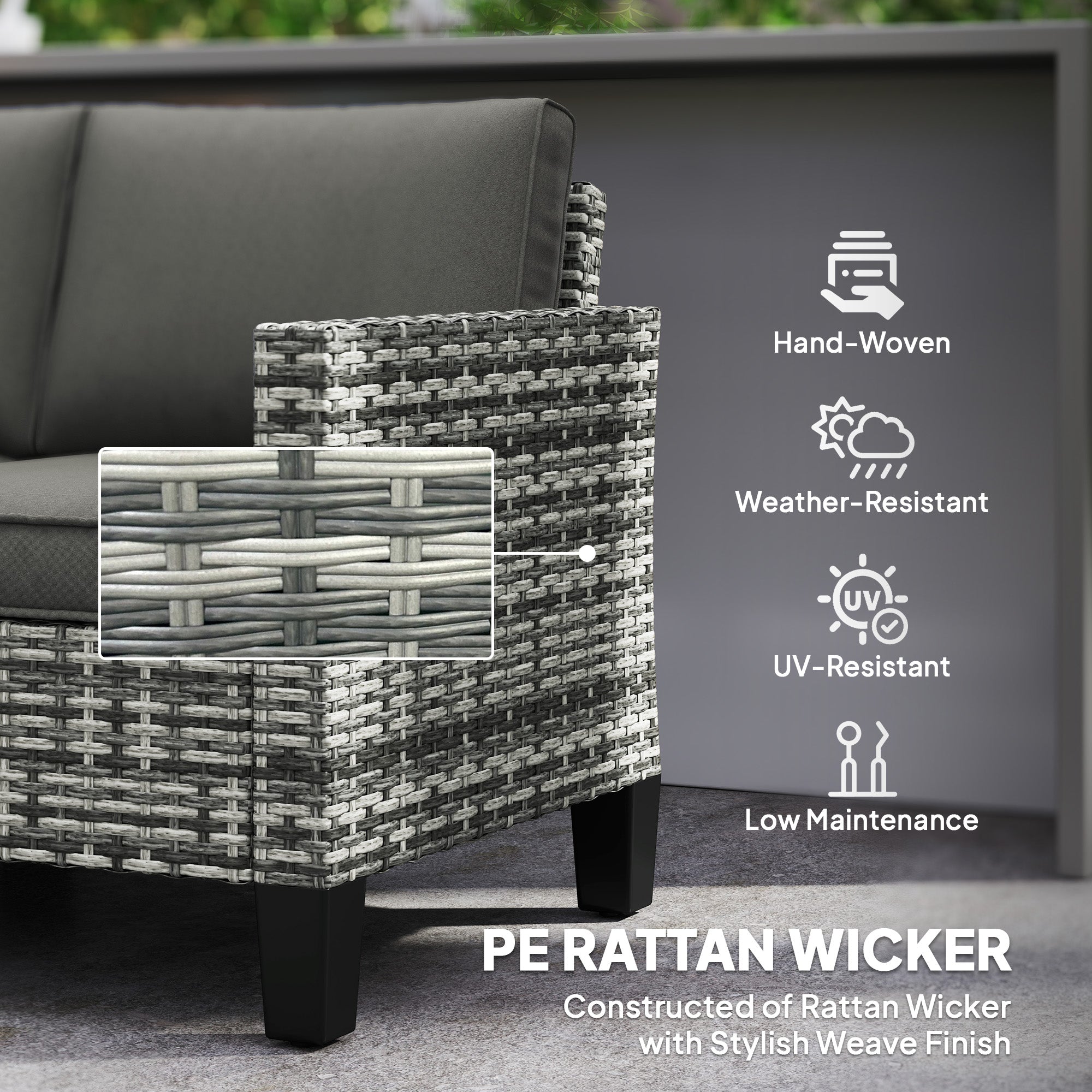 Outsunny 2 Seater Outdoor Sofa with Cushions, Poly Rattan Patio Couch Outdoor Loveseat with Armrests, Wicker Patio Sofa Bench with Steel Frame for Garden, Balcony, Dark Grey