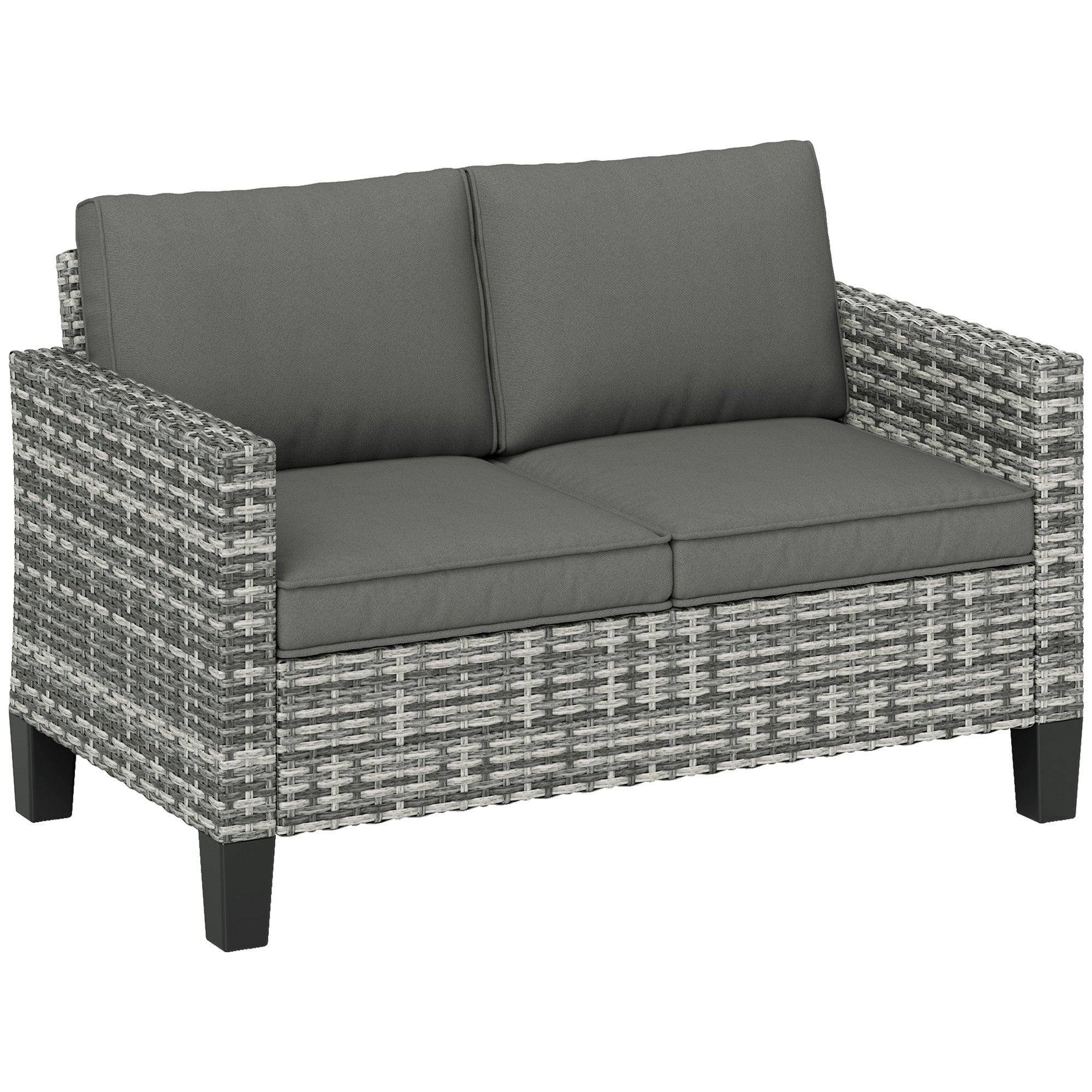 Outsunny 2 Seater Outdoor Sofa with Cushions, Poly Rattan Patio Couch Outdoor Loveseat with Armrests, Wicker Patio Sofa Bench with Steel Frame for Garden, Balcony, Dark Grey
