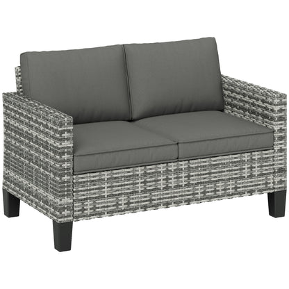 Outsunny 2 Seater Outdoor Sofa with Cushions, Poly Rattan Patio Couch Outdoor Loveseat with Armrests, Wicker Patio Sofa Bench with Steel Frame for Garden, Balcony, Dark Grey