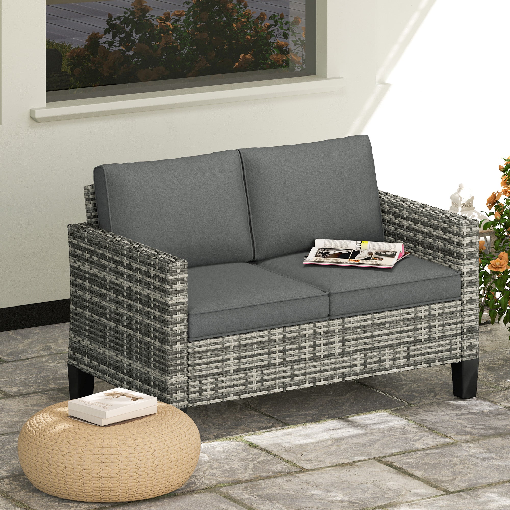 Outsunny 2 Seater Outdoor Sofa with Cushions, Poly Rattan Patio Couch Outdoor Loveseat with Armrests, Wicker Patio Sofa Bench with Steel Frame for Garden, Balcony, Dark Grey