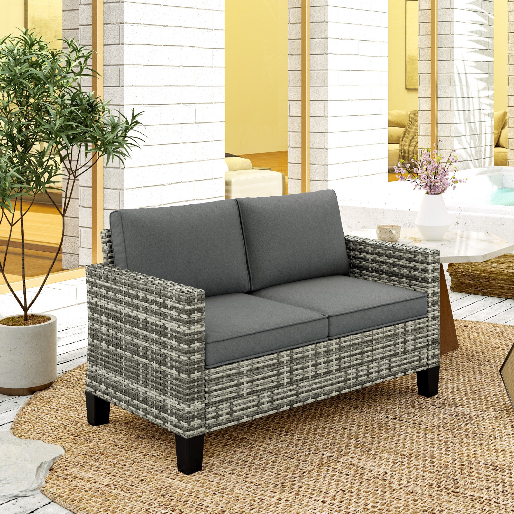 Outsunny 2 Seater Outdoor Sofa with Cushions, Poly Rattan Patio Couch Outdoor Loveseat with Armrests, Wicker Patio Sofa Bench with Steel Frame for Garden, Balcony, Dark Grey