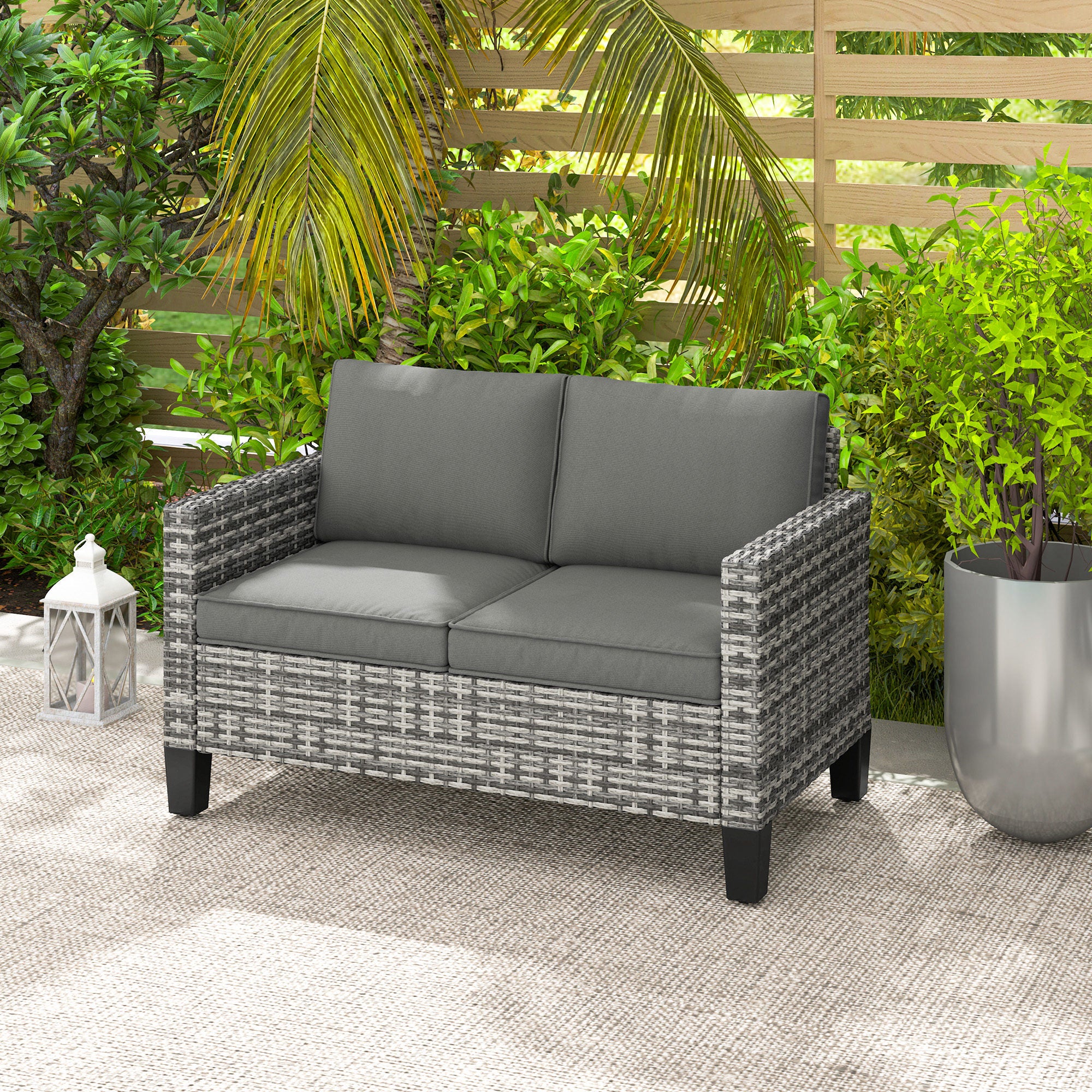 Outsunny 2 Seater Outdoor Sofa with Cushions, Poly Rattan Patio Couch Outdoor Loveseat with Armrests, Wicker Patio Sofa Bench with Steel Frame for Garden, Balcony, Dark Grey