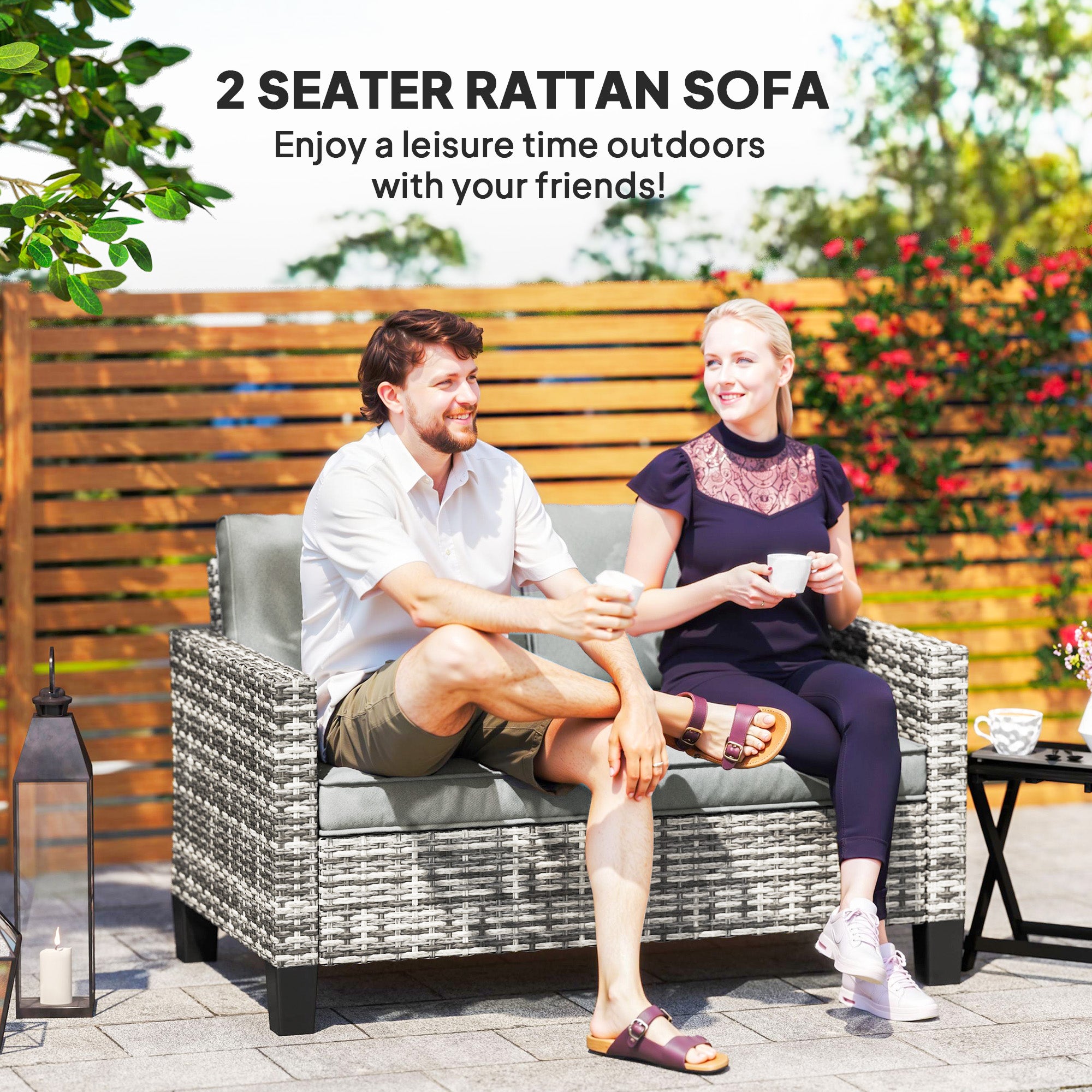 Outsunny 2 Seater Outdoor Sofa with Cushions, Poly Rattan Patio Couch Outdoor Loveseat with Armrests, Wicker Patio Sofa Bench with Steel Frame for Garden, Balcony, Dark Grey