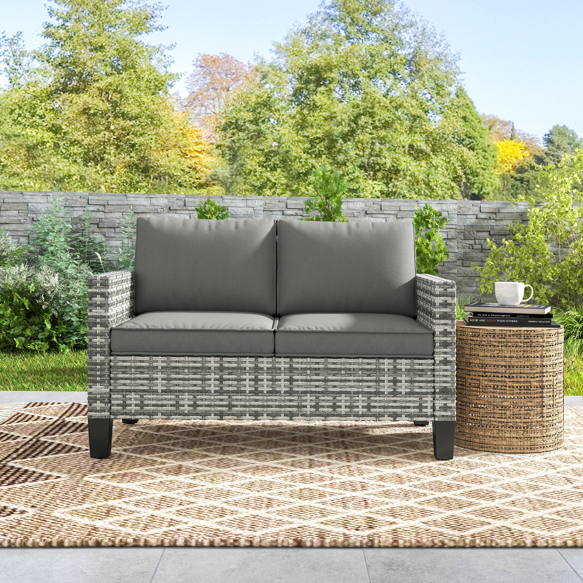 Outsunny 2 Seater Outdoor Sofa with Cushions, Poly Rattan Patio Couch Outdoor Loveseat with Armrests, Wicker Patio Sofa Bench with Steel Frame for Garden, Balcony, Dark Grey