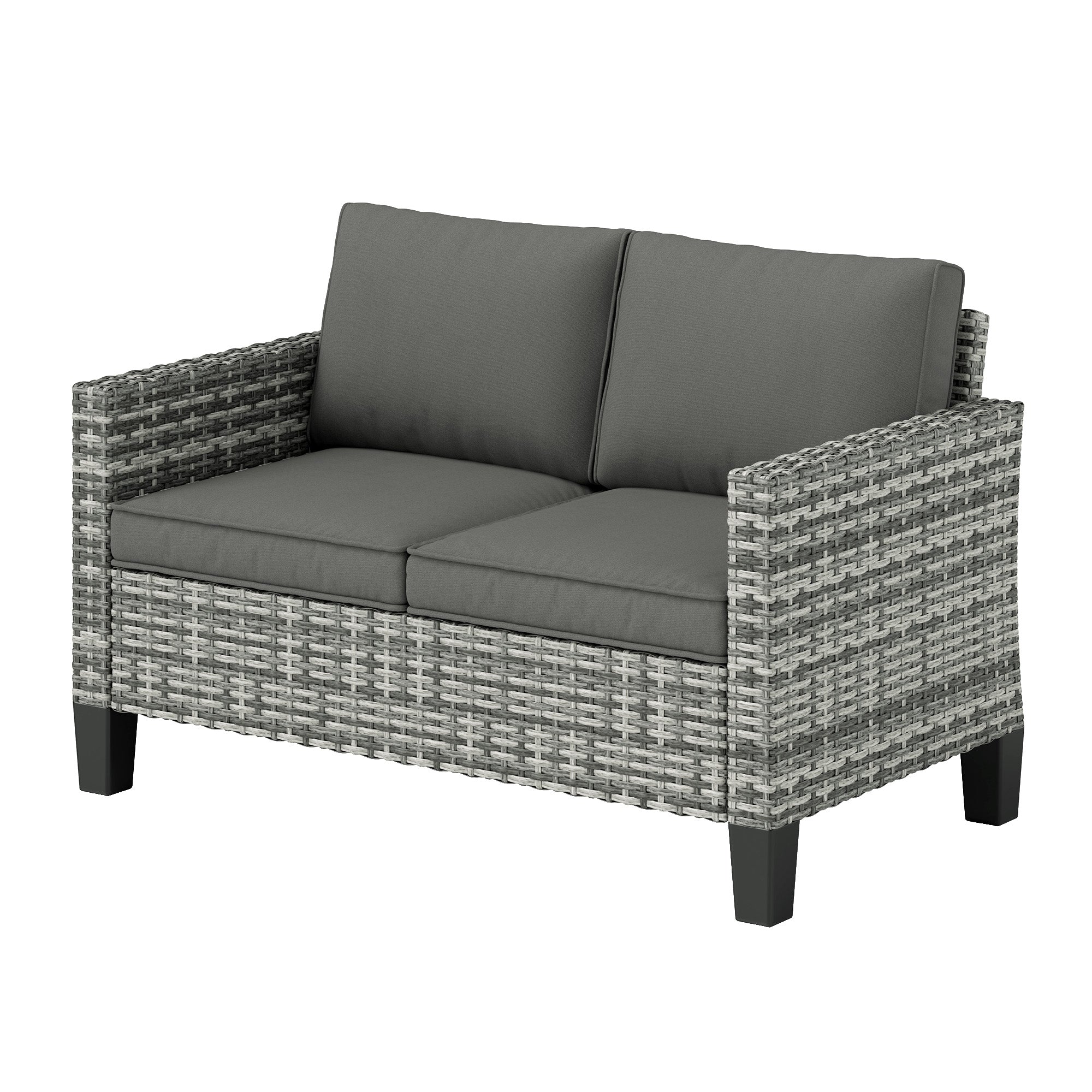 Outsunny 2 Seater Outdoor Sofa with Cushions, Poly Rattan Patio Couch Outdoor Loveseat with Armrests, Wicker Patio Sofa Bench with Steel Frame for Garden, Balcony, Dark Grey