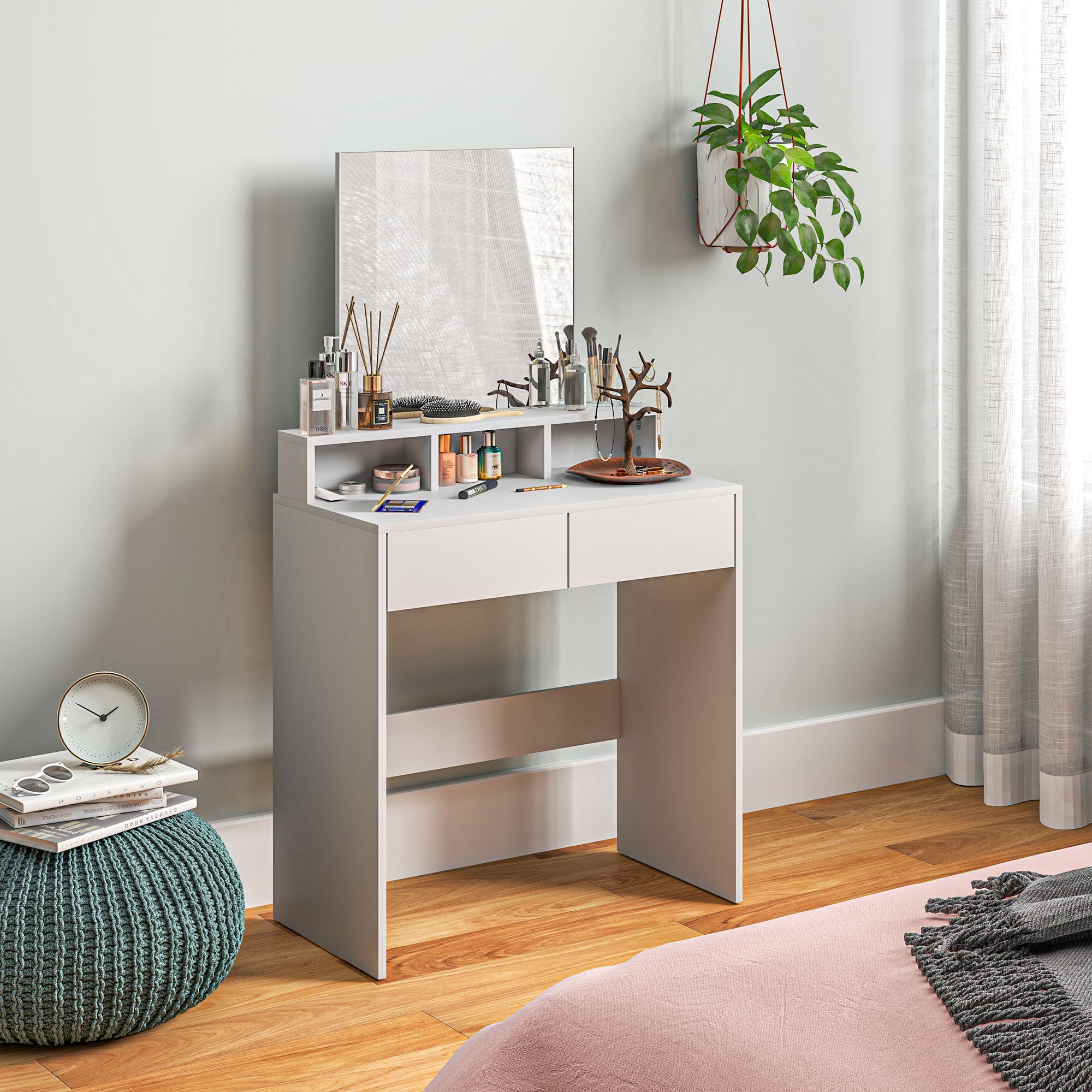 HOMCOM Makeup Vanity Desk with Mirror, for Bedroom, Modern Dressing Table with 2 Storage Drawers, 3 Compartments, for Women Girls, White