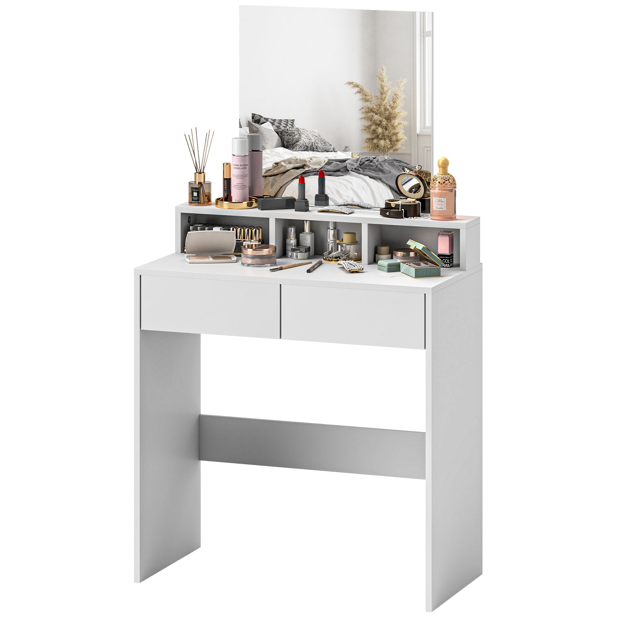 HOMCOM Makeup Vanity Desk with Mirror, for Bedroom, Modern Dressing Table with 2 Storage Drawers, 3 Compartments, for Women Girls, White