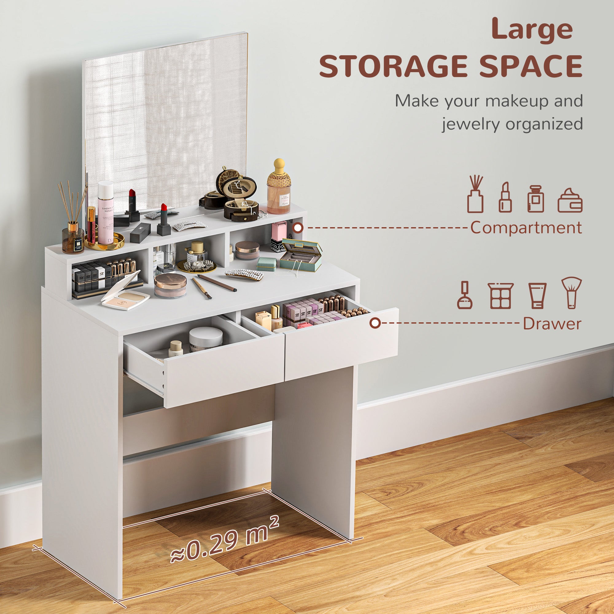 HOMCOM Makeup Vanity Desk with Mirror, for Bedroom, Modern Dressing Table with 2 Storage Drawers, 3 Compartments, for Women Girls, White