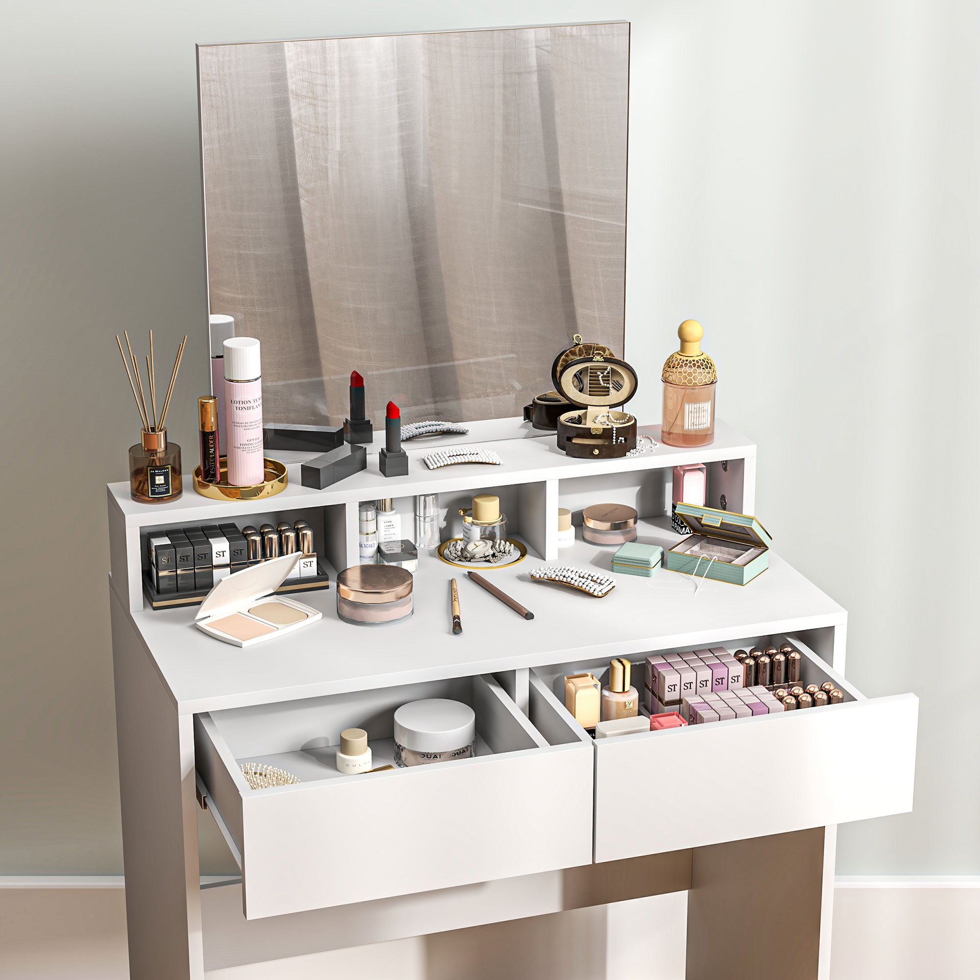 HOMCOM Makeup Vanity Desk with Mirror, for Bedroom, Modern Dressing Table with 2 Storage Drawers, 3 Compartments, for Women Girls, White