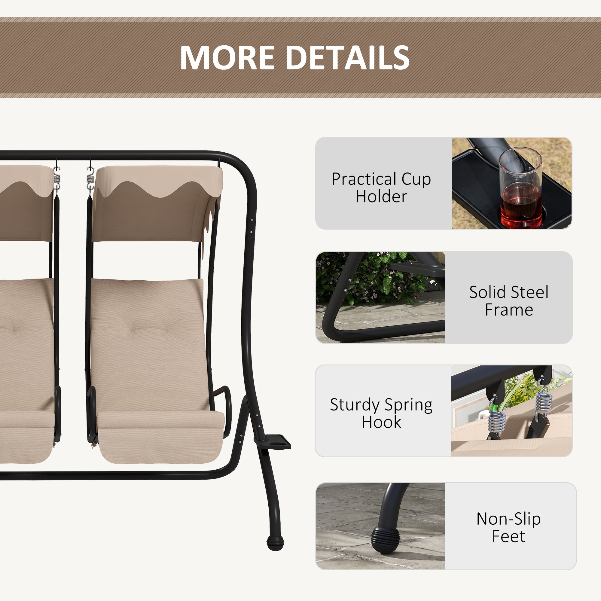 Outsunny Luxury Patio Swing Metal Outdoor Porch Swing Chair 2 Separated Seater Hammock Heavy-Duty with Canopy and Cushions, Beige