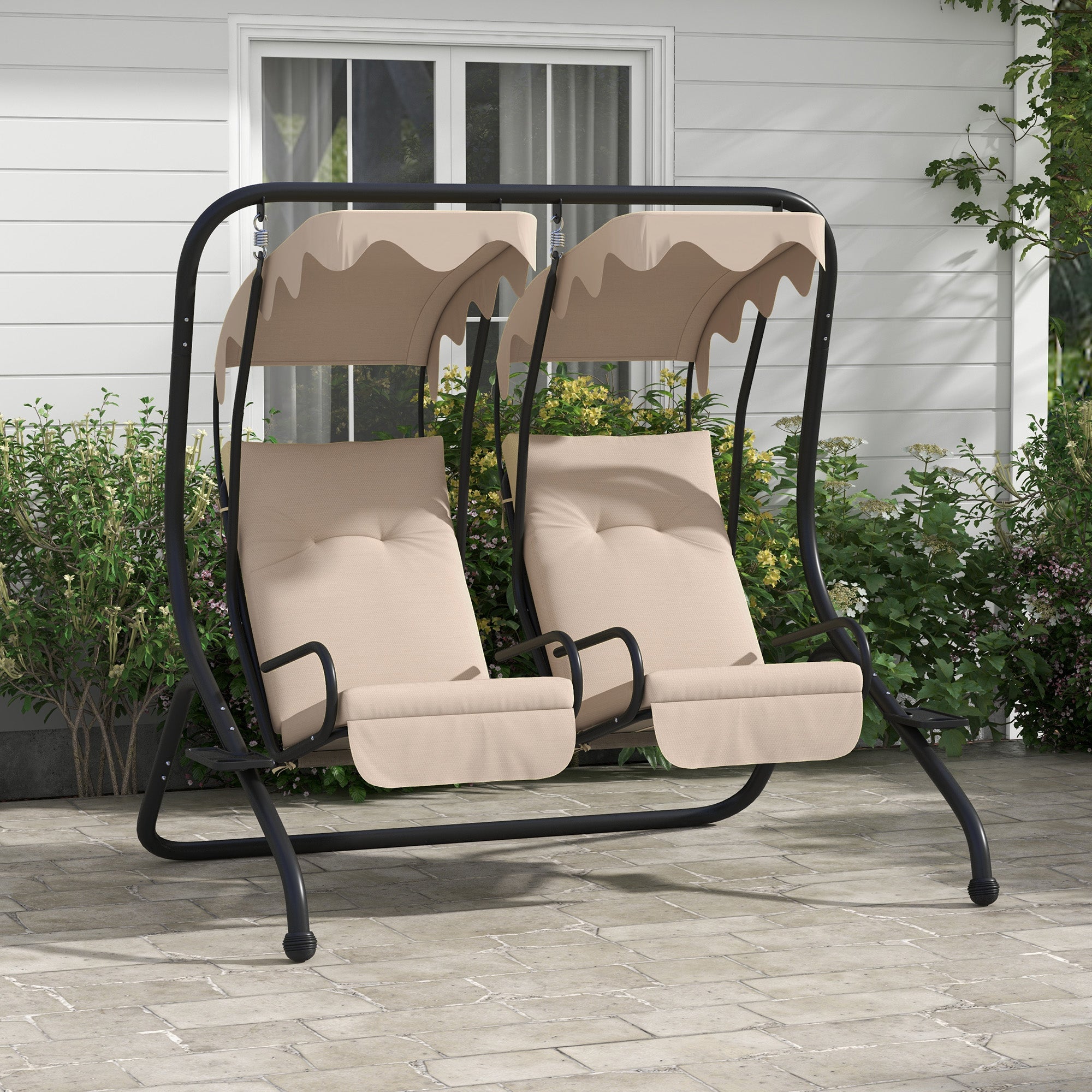 Outsunny Luxury Patio Swing Metal Outdoor Porch Swing Chair 2 Separated Seater Hammock Heavy-Duty with Canopy and Cushions, Beige