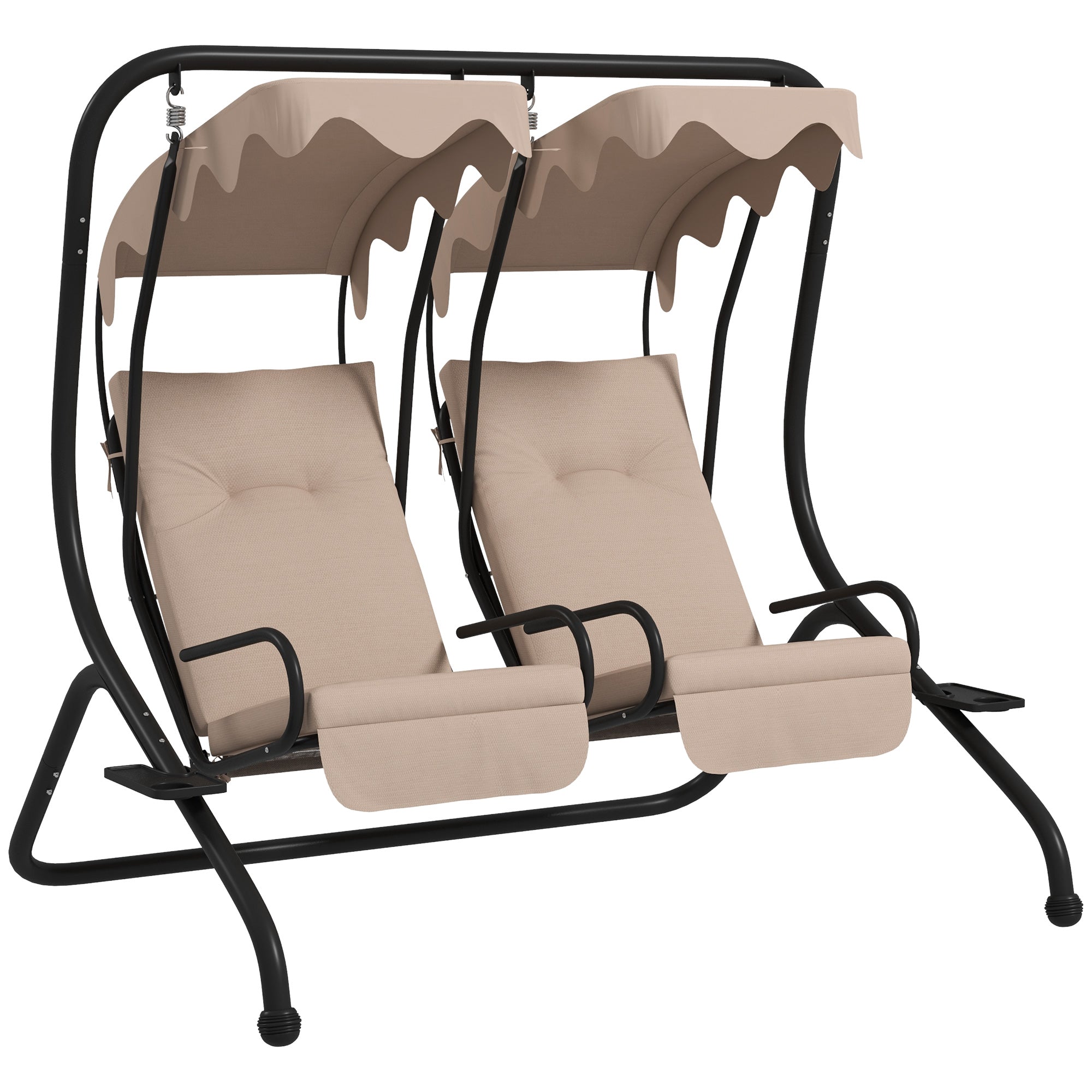 Outsunny Luxury Patio Swing Metal Outdoor Porch Swing Chair 2 Separated Seater Hammock Heavy-Duty with Canopy and Cushions, Beige