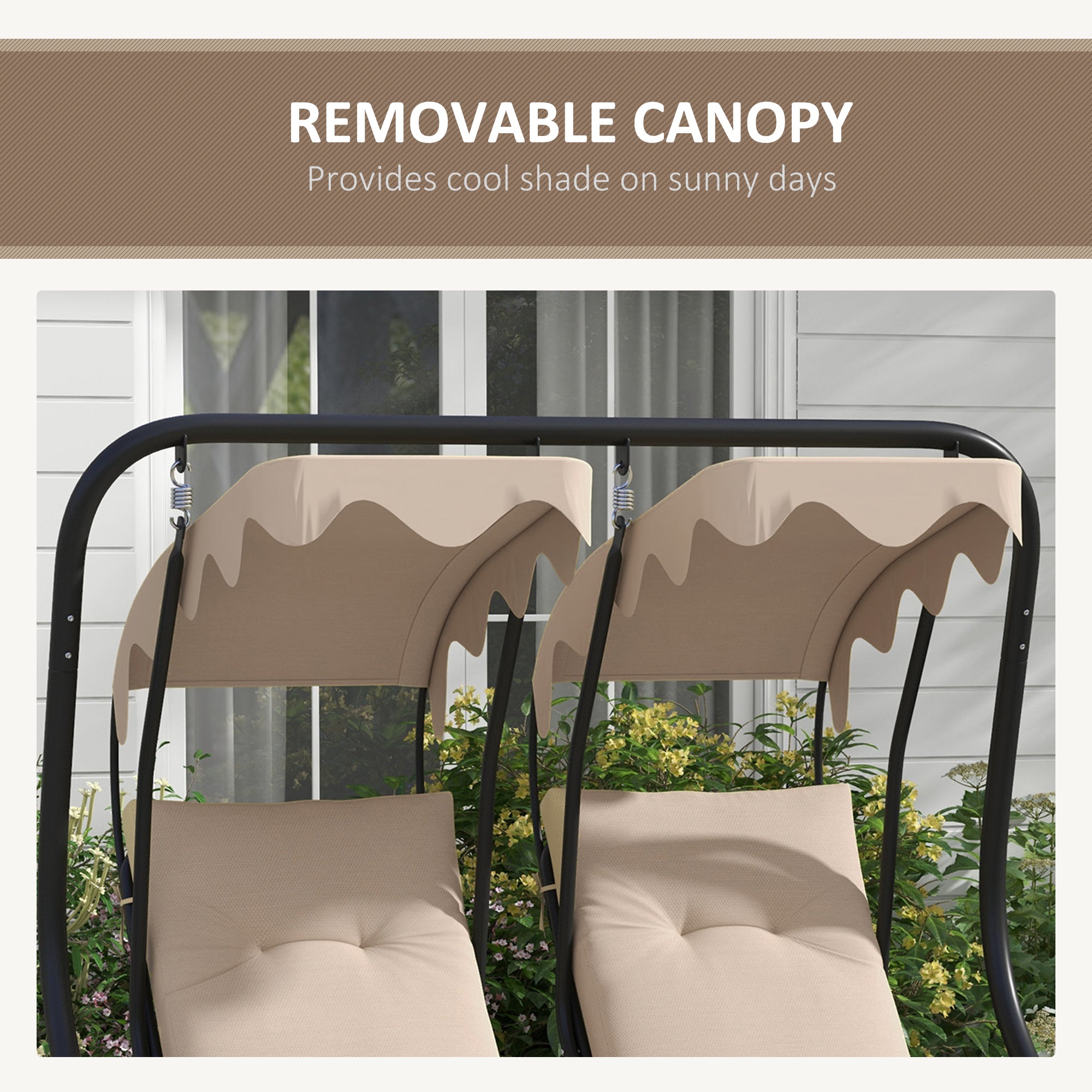 Outsunny Luxury Patio Swing Metal Outdoor Porch Swing Chair 2 Separated Seater Hammock Heavy-Duty with Canopy and Cushions, Beige