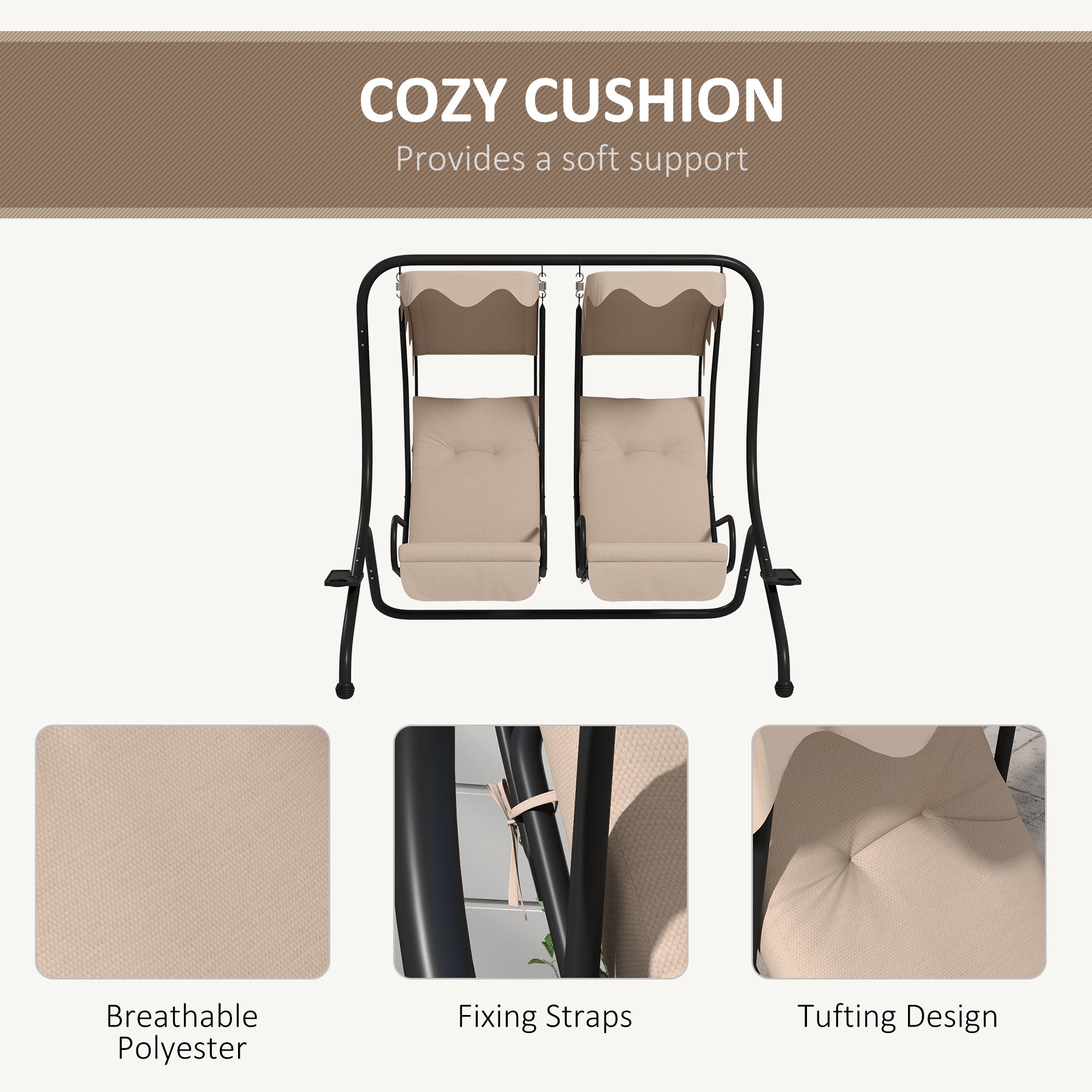 Outsunny Luxury Patio Swing Metal Outdoor Porch Swing Chair 2 Separated Seater Hammock Heavy-Duty with Canopy and Cushions, Beige