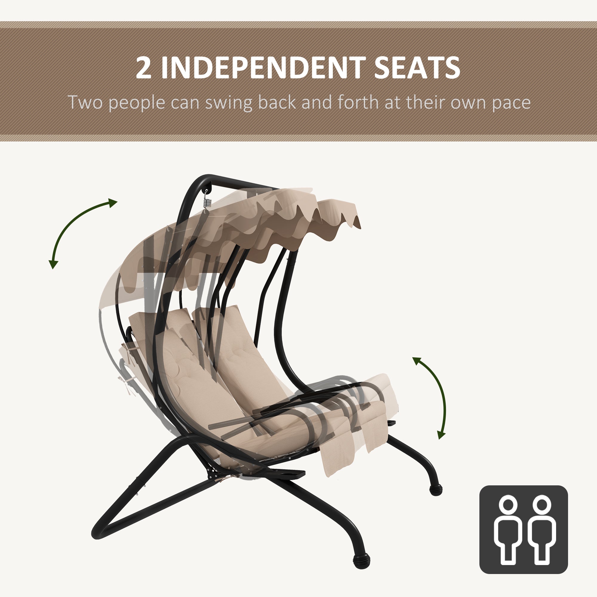 Outsunny Luxury Patio Swing Metal Outdoor Porch Swing Chair 2 Separated Seater Hammock Heavy-Duty with Canopy and Cushions, Beige