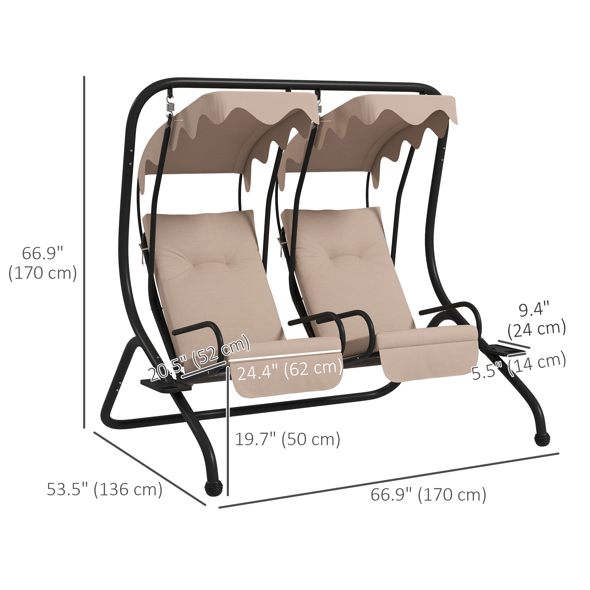 Outsunny Luxury Patio Swing Metal Outdoor Porch Swing Chair 2 Separated Seater Hammock Heavy-Duty with Canopy and Cushions, Beige