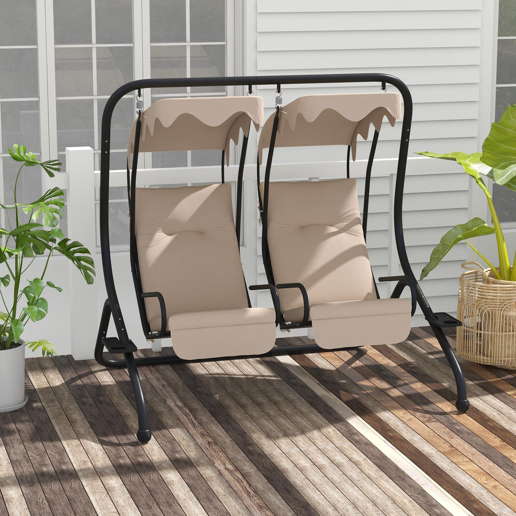 Outsunny Luxury Patio Swing Metal Outdoor Porch Swing Chair 2 Separated Seater Hammock Heavy-Duty with Canopy and Cushions, Beige