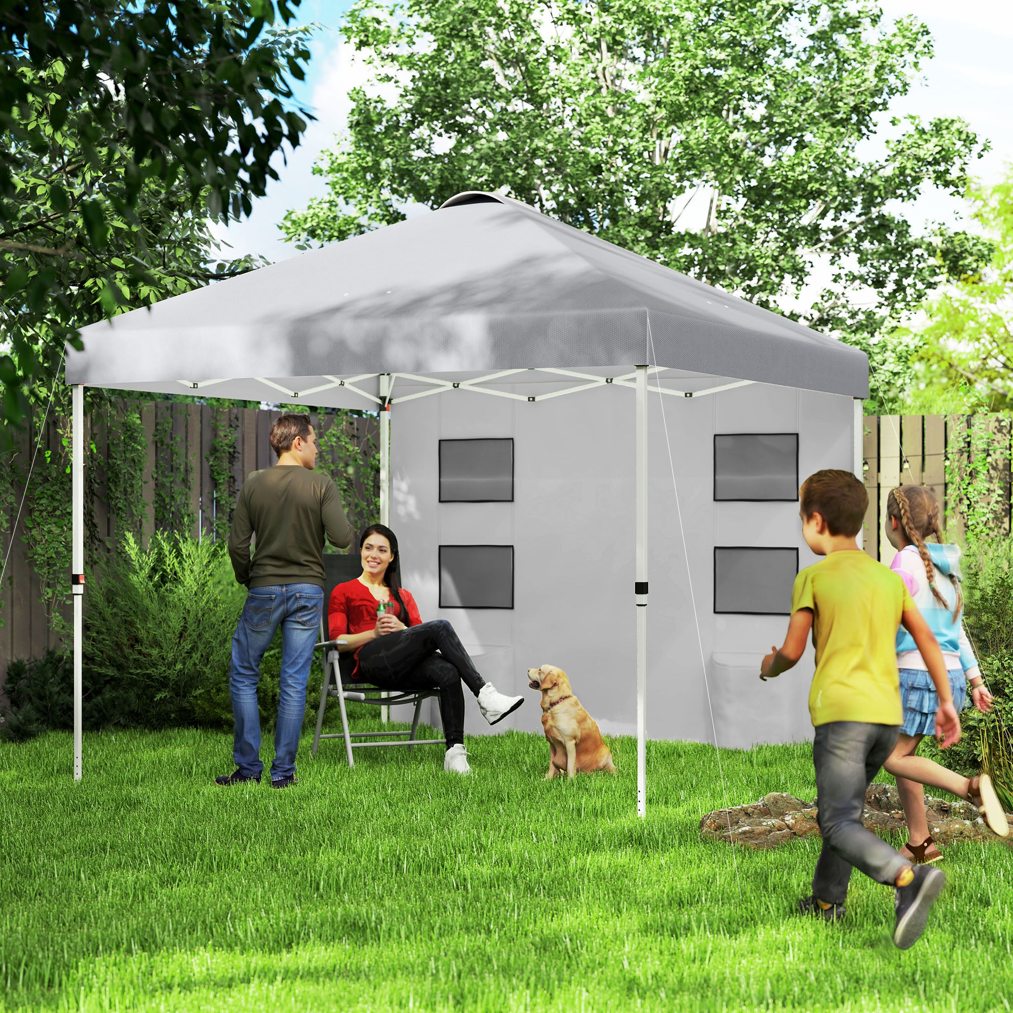 Outsunny 10' x 10' Pop Up Canopy Tent with Sidewall, Instant Sun Shelter with Storage Pockets, Height Adjustable, with Carry Bag, Sand Bags for Outdoor, Patio, Light Grey