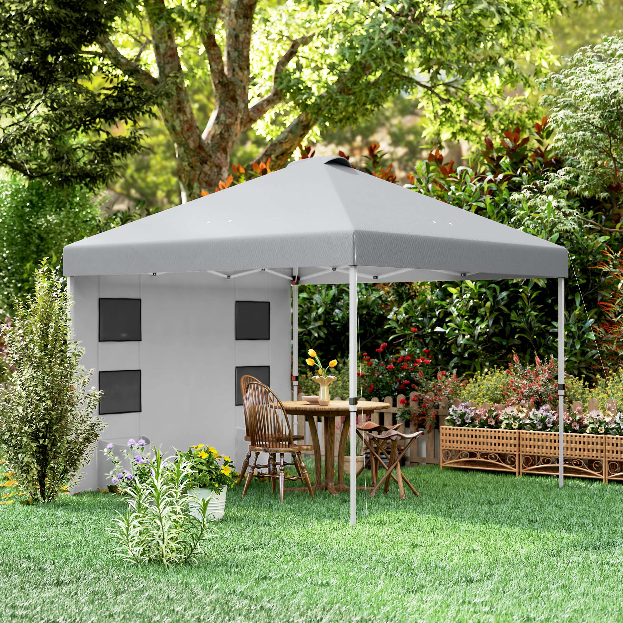 Outsunny 10' x 10' Pop Up Canopy Tent with Sidewall, Instant Sun Shelter with Storage Pockets, Height Adjustable, with Carry Bag, Sand Bags for Outdoor, Patio, Light Grey