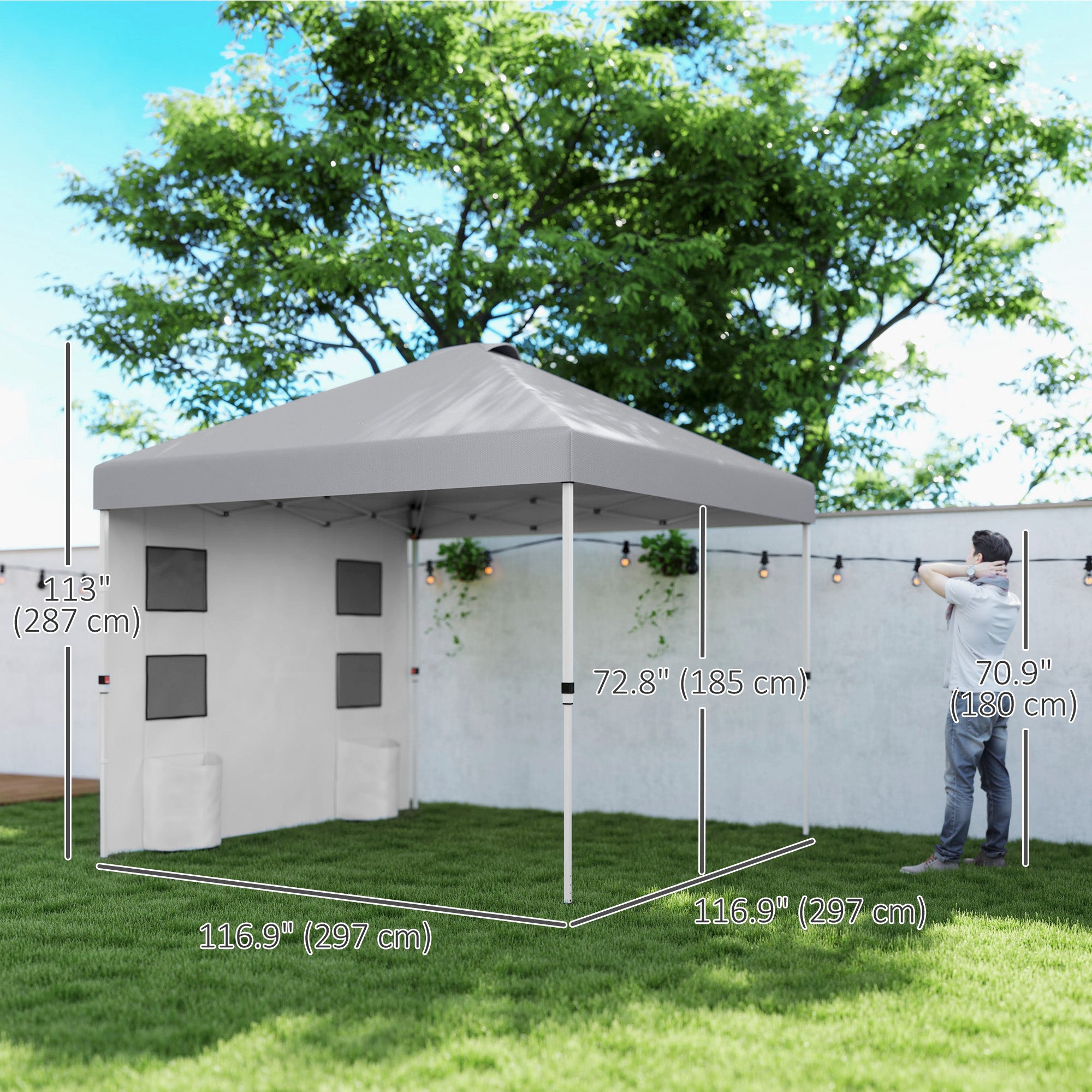 Outsunny 10' x 10' Pop Up Canopy Tent with Sidewall, Instant Sun Shelter with Storage Pockets, Height Adjustable, with Carry Bag, Sand Bags for Outdoor, Patio, Light Grey