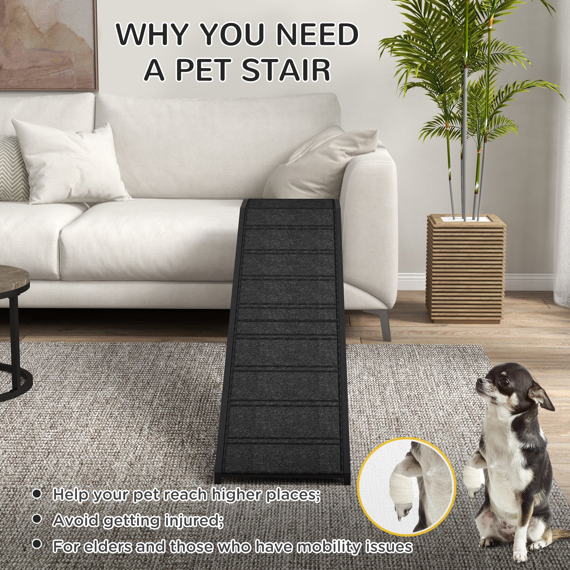 PawHut Dog Ramp for Bed, Pet Ramp for Dogs with Non-Slip Carpet and Top Platform, 74" x 16" x 25", Black