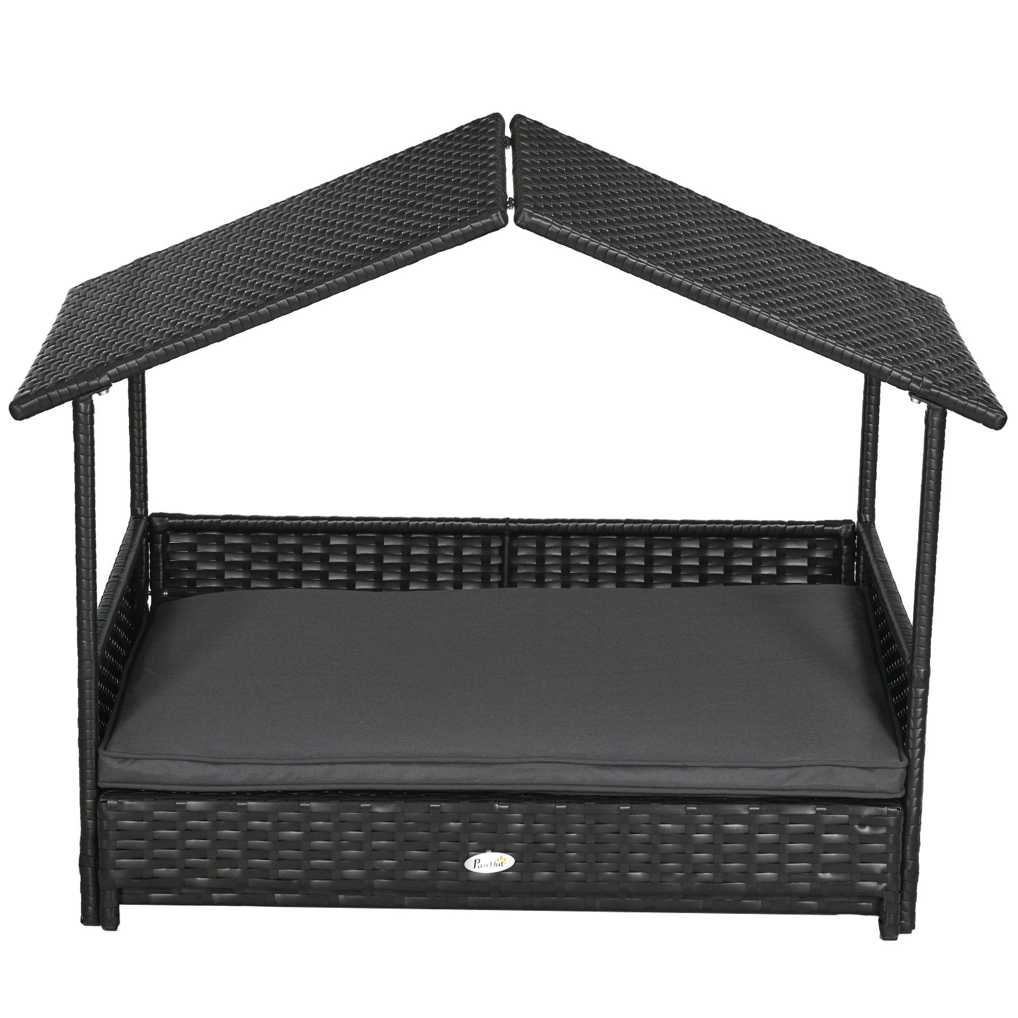 PawHut Rattan Dog House, Extendable Outdoor Wicker Dog Bed w/ Water-Resistant Roof, Removable Cushion, for Small and Medium Dogs - Grey