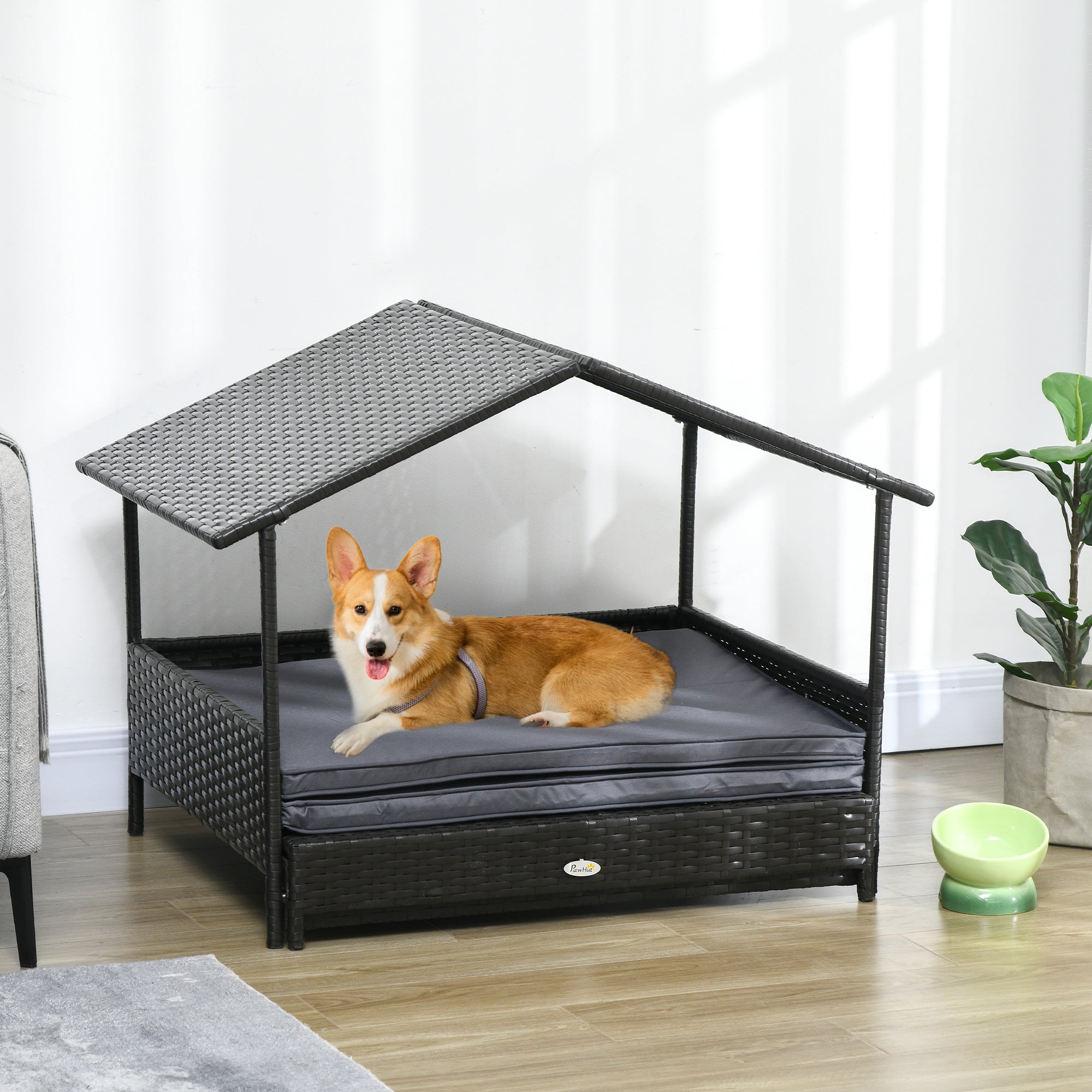 PawHut Rattan Dog House, Extendable Outdoor Wicker Dog Bed w/ Water-Resistant Roof, Removable Cushion, for Small and Medium Dogs - Grey