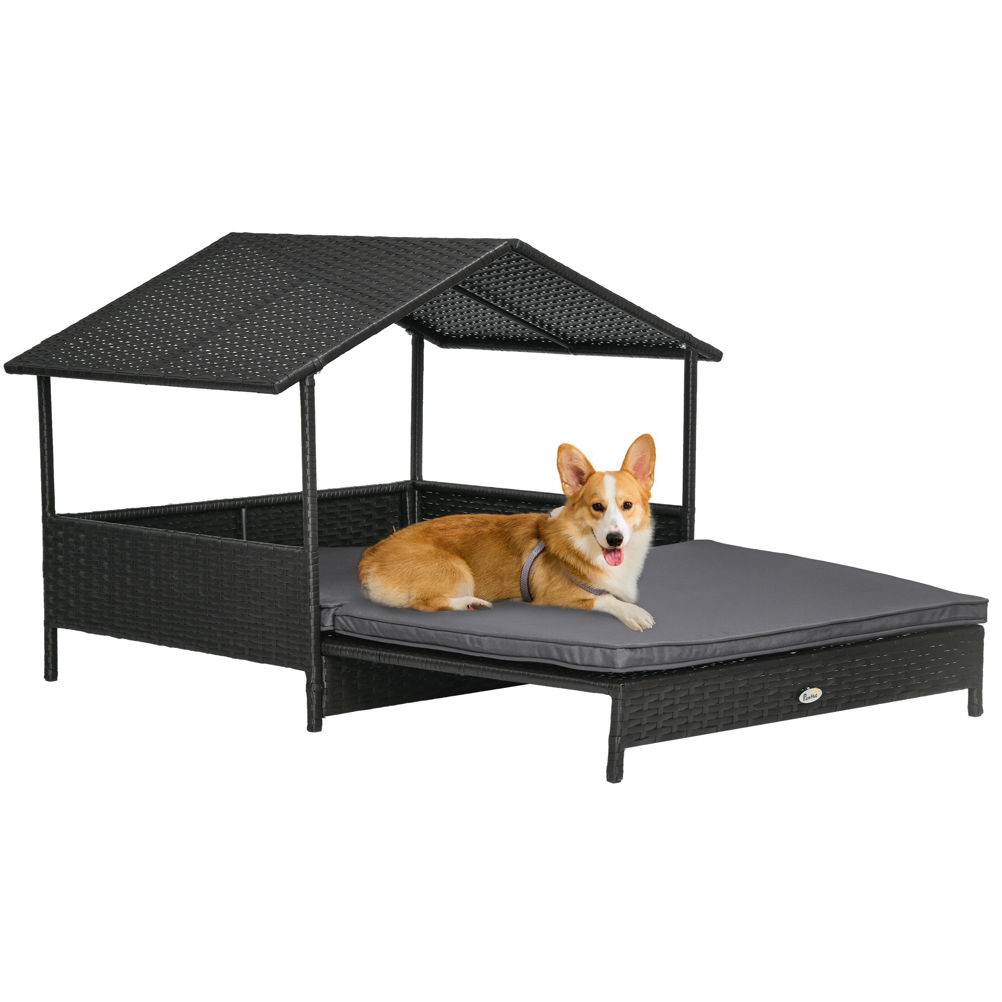 PawHut Rattan Dog House, Extendable Outdoor Wicker Dog Bed w/ Water-Resistant Roof, Removable Cushion, for Small and Medium Dogs - Grey