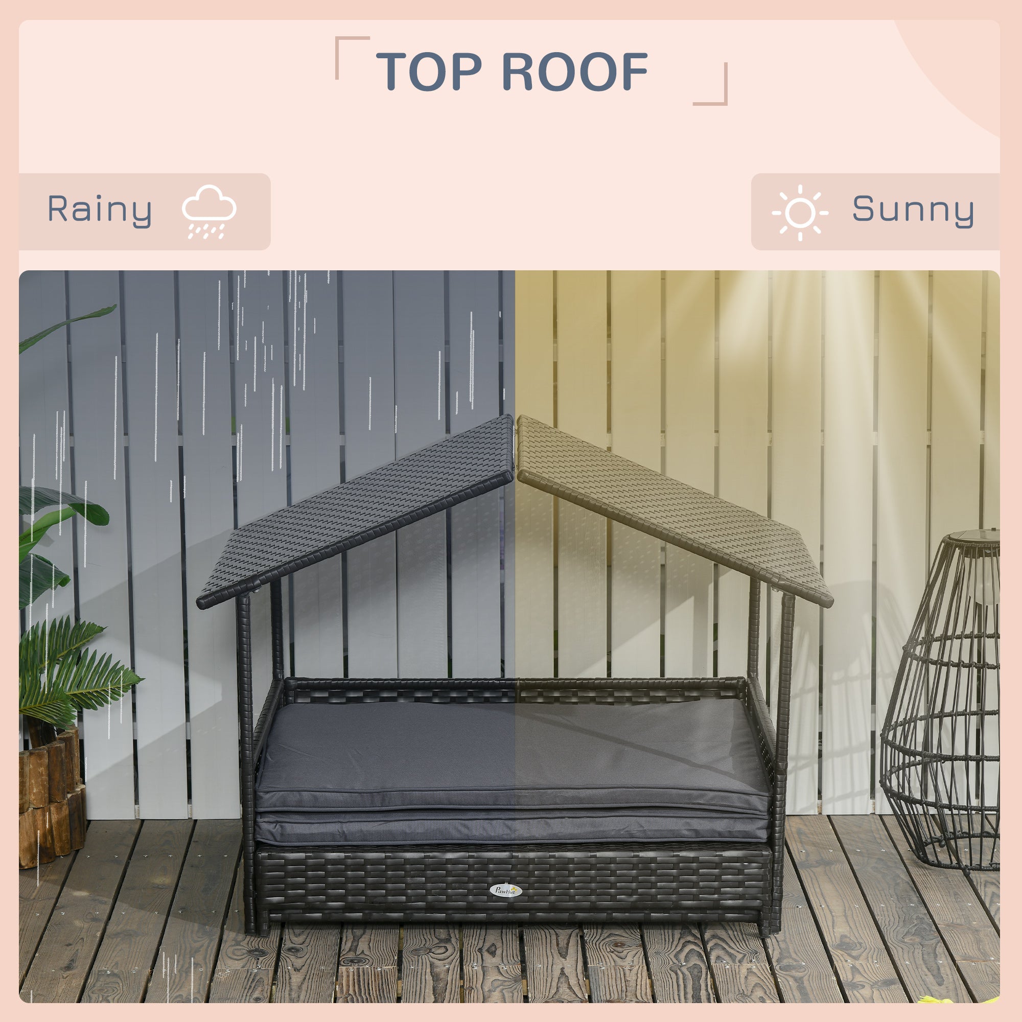 PawHut Rattan Dog House, Extendable Outdoor Wicker Dog Bed w/ Water-Resistant Roof, Removable Cushion, for Small and Medium Dogs - Grey