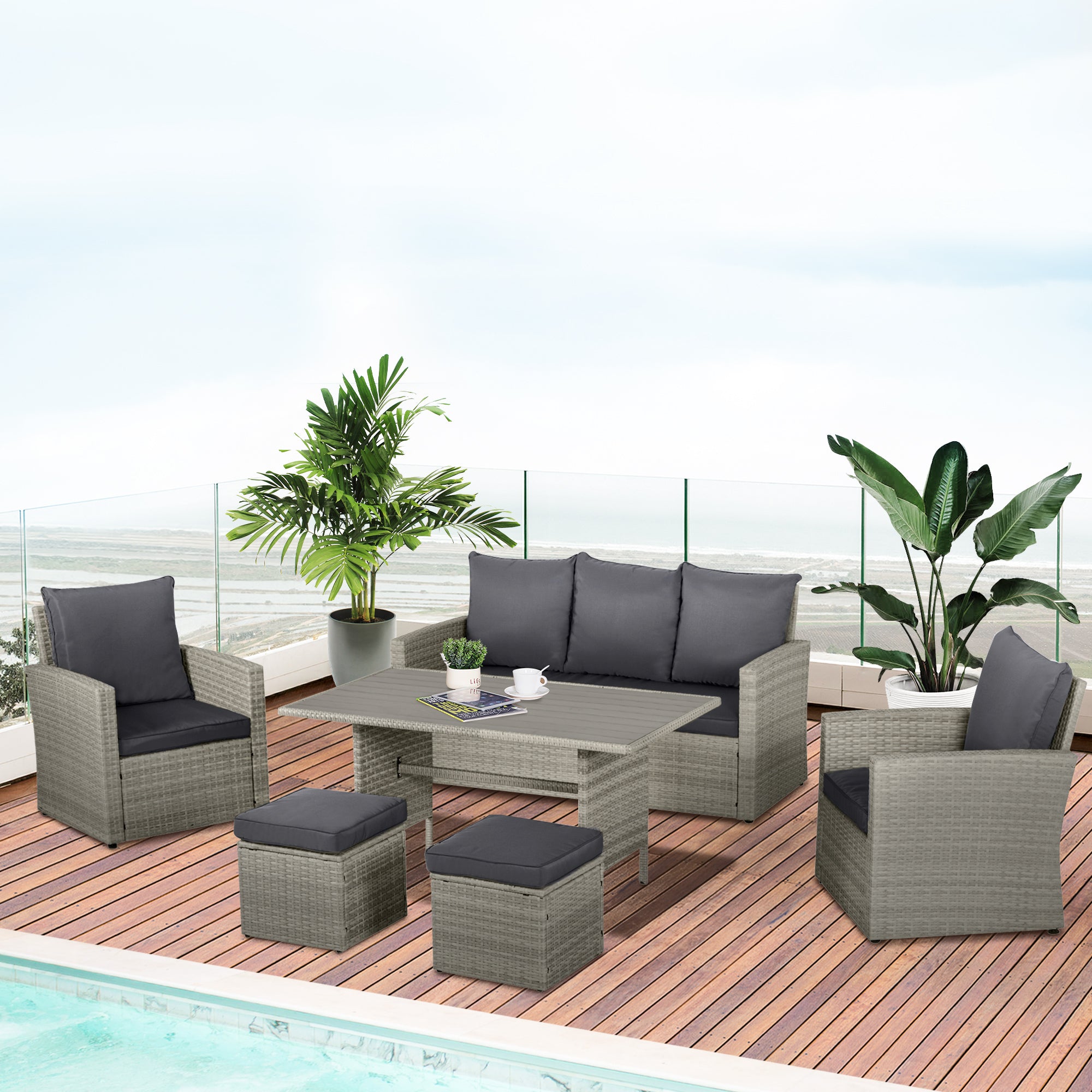 Outsunny 6 Pieces Wicker Patio Dining Set with Cushions, Outdoor Dining Table and Chairs with PE Rattan Sofa Chair, Three-seater Sofa, Plastic Wood Top Dining Table, Grey