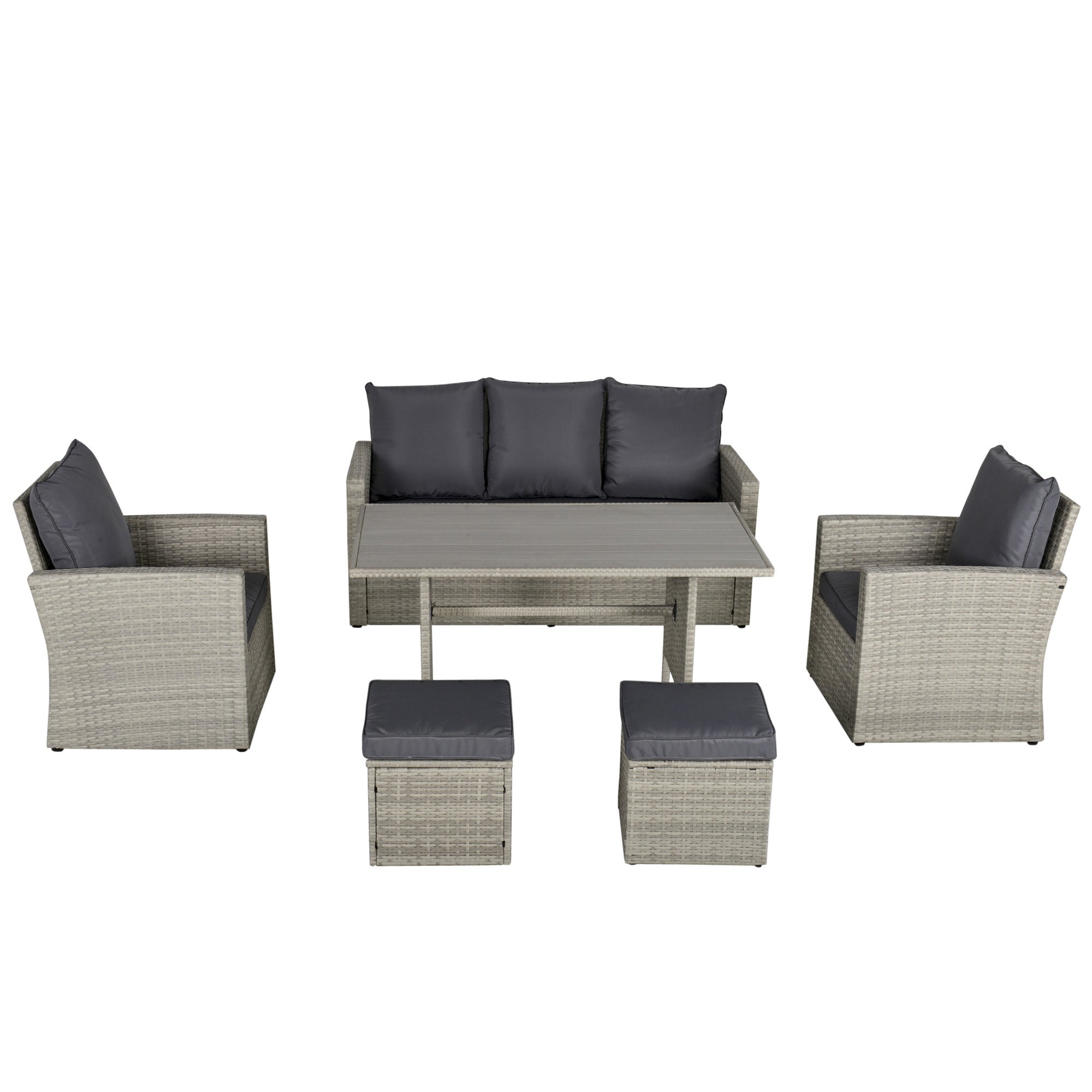 Outsunny 6 Pieces Wicker Patio Dining Set with Cushions, Outdoor Dining Table and Chairs with PE Rattan Sofa Chair, Three-seater Sofa, Plastic Wood Top Dining Table, Grey